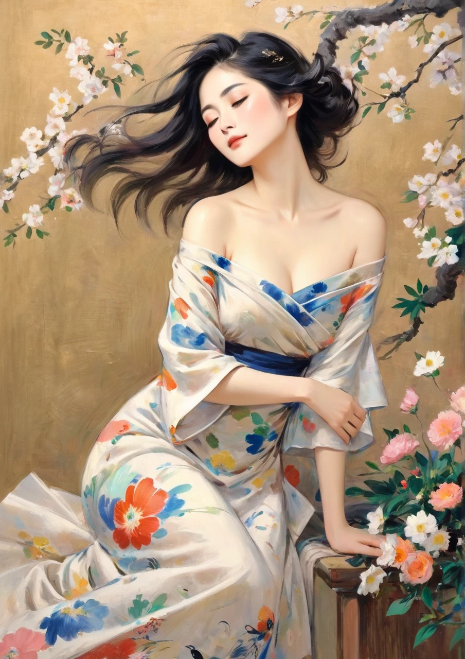 Watercolor painting of a beautiful Japanese woman, wearing an open kimono, exposing her breasts and dark nipples, in a Japanese garden, sitting by a koi pond <lora:APS_20230729155327:.8> <lora:breastsizeslideroffset:-.3>