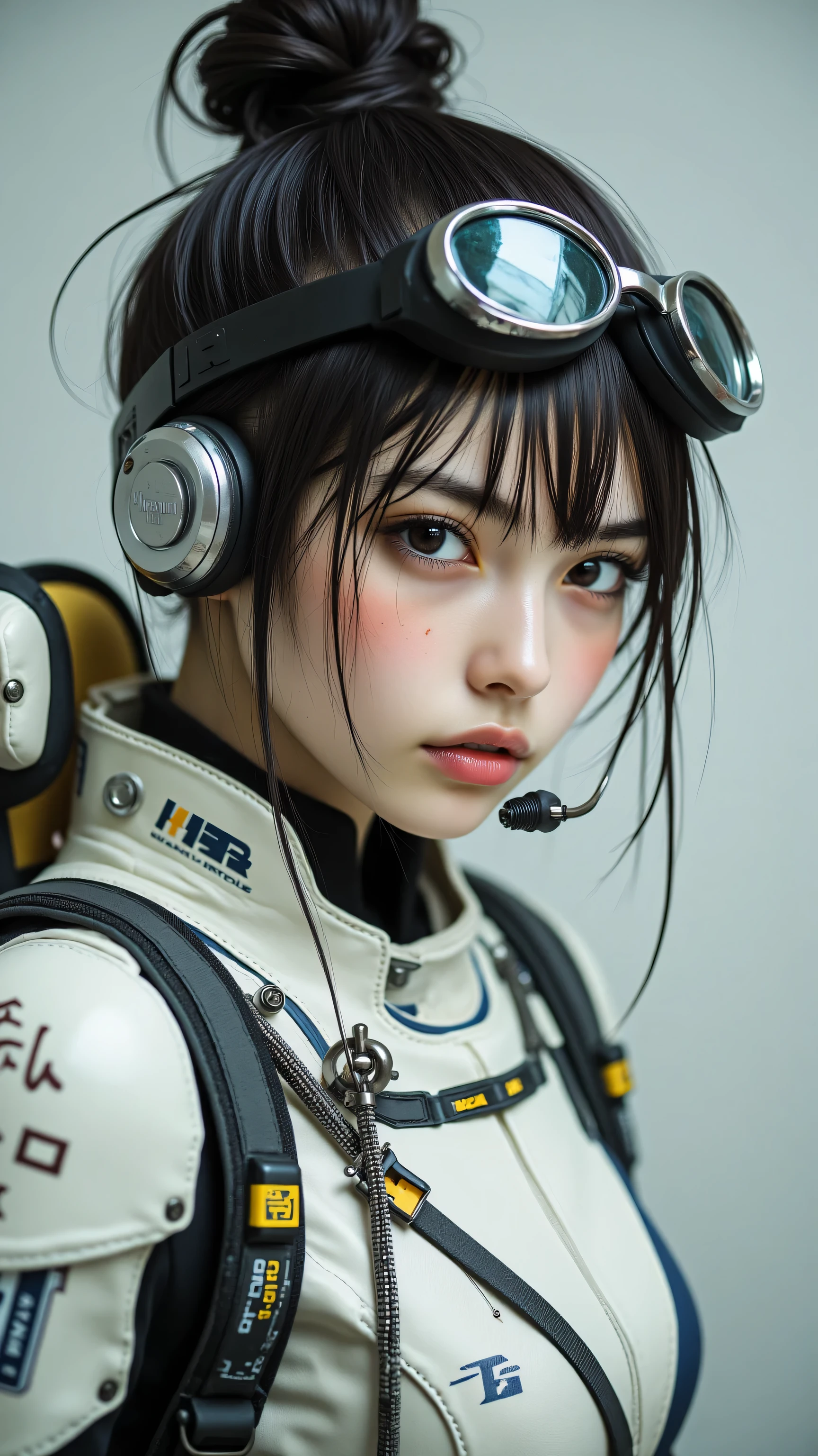 8k, Masterpiece, Top Quality, Close-up, eye-level, female, pale skin, dark markings, tattoos, cybernetic, dark hair, high bun, goggles, headset, light gray, off-white, suit, yellow accents, straps, buckles, protective, tactical, form-fitting, bulky, technological, backpack, device, muted, light green-gray, cherry blossom branch, soft, diffused, face, attire.