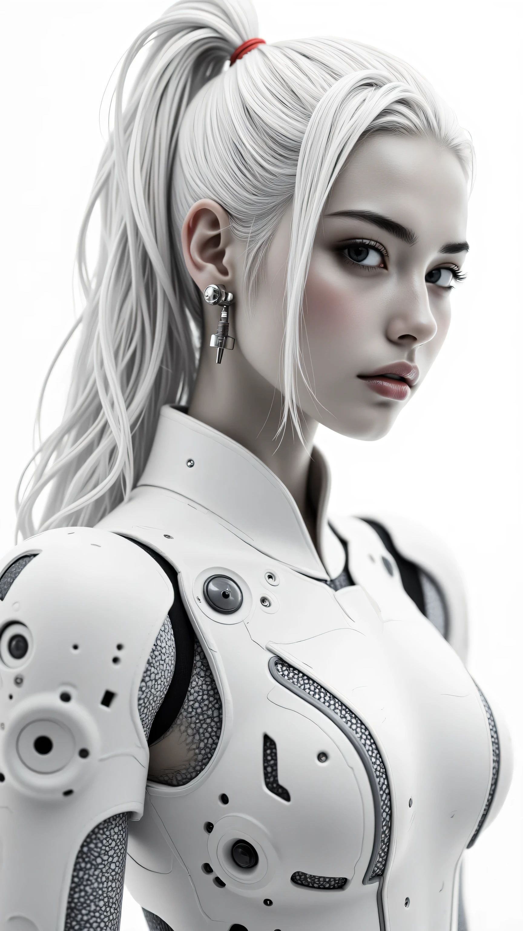 8k, Masterpiece, Top Quality, Close-up, three-quarter, view, pale, skin, long, white, hair, ponytail, facial, markings, tattoos, cybernetic, enhancements, red, eye, grayscale, futuristic, armored, suit, white, gray, mechanical, components, sleek, futuristic, science, fiction, cyberpunk, grayscale, palette, focal, point, soft, diffuse, lighting, sharp, rendering, textures, surfaces, plain, white, background, serious, stoic, expression, strength