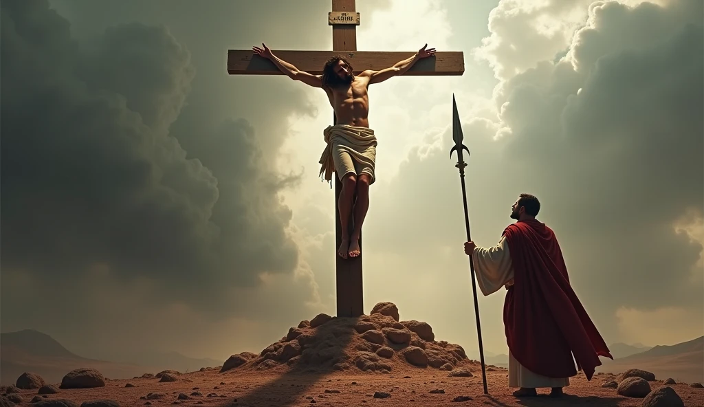 Saint Andrew crucified on an X-shaped cross, typical of the Roman Empire, sweaty and bloody. around you people , the panorama with a blue sky and bright sun, 8k image, high qualiy