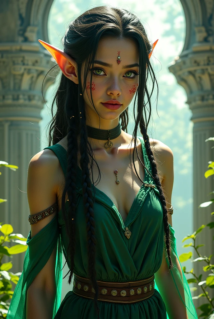 There's an elf (Arshes No de ???????) elfa adulta de 30 anos nua, sem roupa, Morena, Latim, marrom (Peta Jensen), (Camgirl), (onlyfans) posando nua, is naked, with tribal tattoo on the arms, totally ????? in a ruin scene for the ancients, Ancestral ruins, covered by vegetation and vineyards, realistic vegetation, Aztec Ancient Ruins, cinematic natural light, chuva leve caindo, leves pingos de chuva, dust particles in light, dust particles in the air, Bottom view, Viewing angle below, olhar de baixo para cima, olhando de baixo, close de baixo, MULHER SEXY, sensual, provocador, cabelos escuros, hair with a long braid over the chest, smaller braids tied along the head, pequenas amarras no cabelo |, olhar sexy, sensual, olhos verdes, branca, sarda no rosto, realista, boca entreaberta, sensualidade ao extremo, Seios enormes (Oppai), massive breasts, seios grandes soltos (Latina Jennifer Mendez adult video 1 8 years), seios arredondados, seios grandes (Angela White) com pintas, sardas, Fundo, sardas no peito, piercing na barriga, barriga sexy com piercing, barriga levemente marcada, Fofa, sexy :8, A partir de 8 K fosco, sexy look at the camera, pose atraente, seios explodindo, Breasts Visible, para amostra, descoberto, bicos duros, ??????? endurecidos, enrijecidos, Excitado, ???????, provocador, corpo sexy, corpo molhado, water dripping down body, quadril largo, coxa grossa, Pose sexy, private parts on display, visible private parts, well visible, virilha e  detalhada, pelos pubianos escuros, levemente raspado,  majora e , corpo perfeito, corpo escultural, 4k], 4 mil ] realista, perfect  lighting, contraste perFeito, sombra,Bottom view, camera from below, realista, filtro escuro, profundidade, 4k