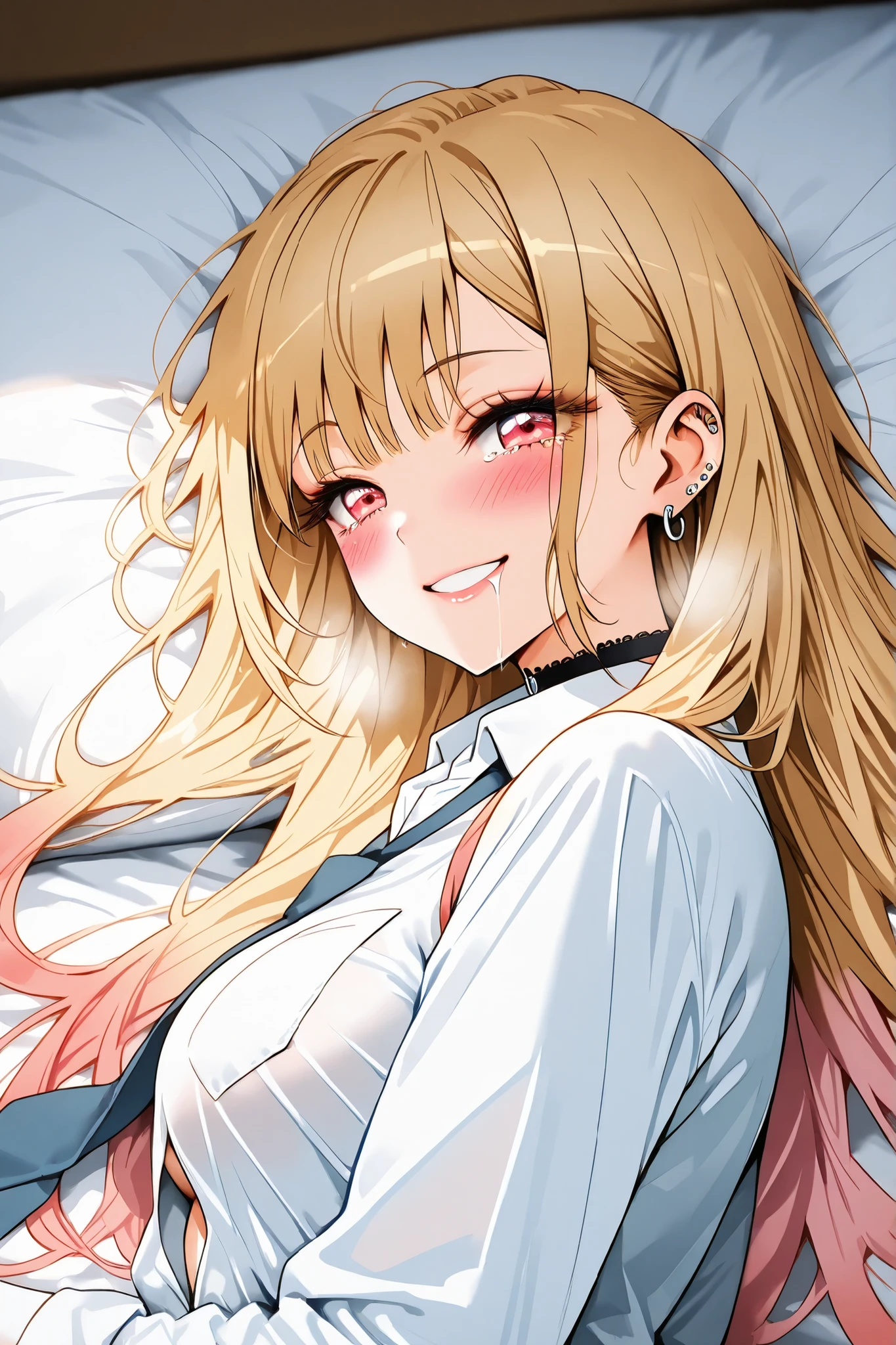 marin_kitagawa,
front,from side,from behind, (upper body:1.2),
1 girl,solo,pretty,18years old,
ly on the bed,sleep together,
lying down and looking at viewer,
blonde,long hair,side part bang,
cut bangs,colored inner hair,
red eyes,beautiful eyes,
big eyes,slant eyes,sleepy eyes,
long eyelashes,
white shirts (1.3),school uniform,
long sleeve,sleeve roll,open chest,
navy blue neck tie,black choker,
extreme close-up under the chest,
smile,pleasure,blushing,drooling,
tearful eyes,tear drop,sweaty,ecstasy,wet,
white breath,incontinence,cameltoe,
motion line for orgasm,
medium breasts,
perfect face,beautiful skin,anatomically correct,
best quality,super detailed,
Highest quality,masterpiece,high quality,
blurred background,
indoor,bedroom,on bed