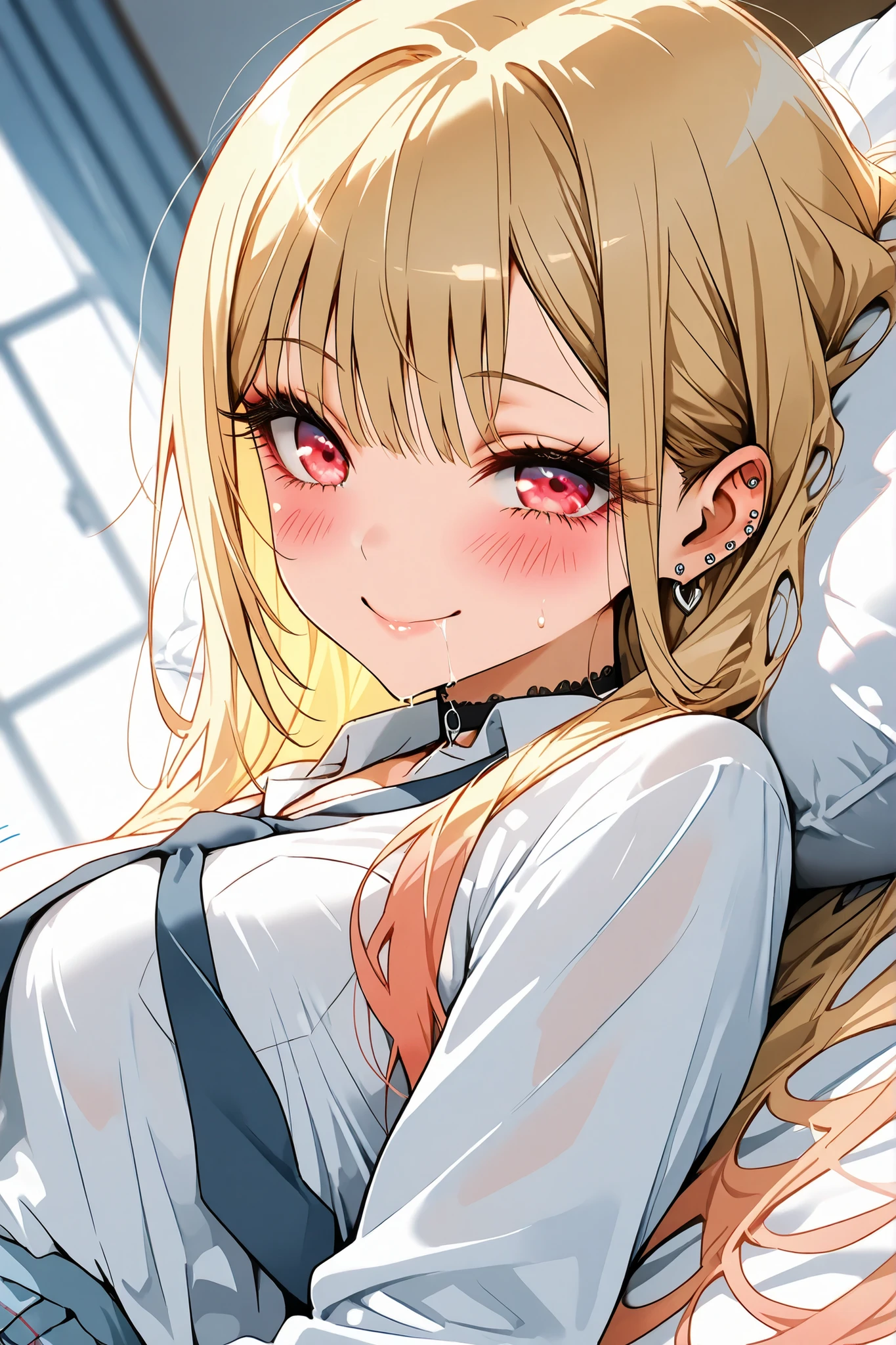 marin_kitagawa,
front,from side,from behind, (upper body:1.2),
1 girl,solo,pretty,18years old,
ly on the bed,sleep together,
lying down and looking at viewer,
blonde,long hair,side part bang,
cut bangs,colored inner hair,
red eyes,beautiful eyes,
big eyes,slant eyes,sleepy eyes,
long eyelashes,
white shirts (1.3),school uniform,
long sleeve,sleeve roll,open chest,
navy blue neck tie,black choker,
extreme close-up under the chest,
smile,pleasure,blushing,drooling,
tearful eyes,tear drop,sweaty,ecstasy,wet,
white breath,incontinence,cameltoe,
motion line for orgasm,
medium breasts,
perfect face,beautiful skin,anatomically correct,
best quality,super detailed,
Highest quality,masterpiece,high quality,
blurred background,
indoor,bedroom,on bed