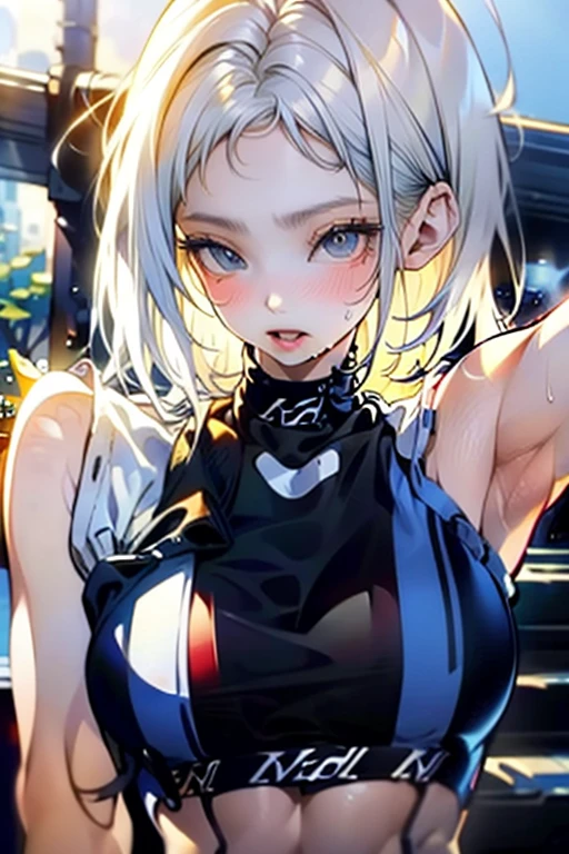 upper body shot, 1girl, mature female, long platinium blond hair, braid, white crop top, detailed pupils, (small breasts), evil smile, indoors, bedroom, city, colorful, vivid colors, masterpiece, absurdres, aesthetic <lora:add_detail:1> glory wall, stuck, through wall, <lora:glory_wall_front:1>