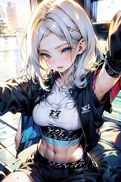 最high quality、Best image quality、masterpiece、With a girl((cute、20-year-old、Best Bust、Medium Bust、Bust 85,Beautiful Blue Eyes、Spread your chest wide,Blonde lointail、Slender、The best valley、、Black Bikini、,Show the whole body、Black perforated gloves,Blue Mesh,Leaning forward greatly、Blue Sports Sunglasses、Blue Intercom,Sweating profusely、Face Paint、Grin、Spray canを持つ)）high quality、Beautiful art、background((White wall、graffiti、paint、Spray can、folding chair)),Tabletop、Exquisite design、Visual Arts、Depth of written boundary、Best lighting、Highest detail、8ｋ