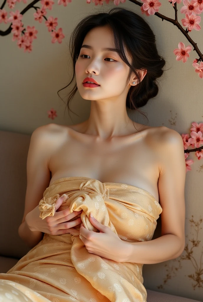 whole body beautiful geisha, (nude:1.5). geisha hair style, (slight smile:1.5), lying on the grass, provocative pose, sakura garden