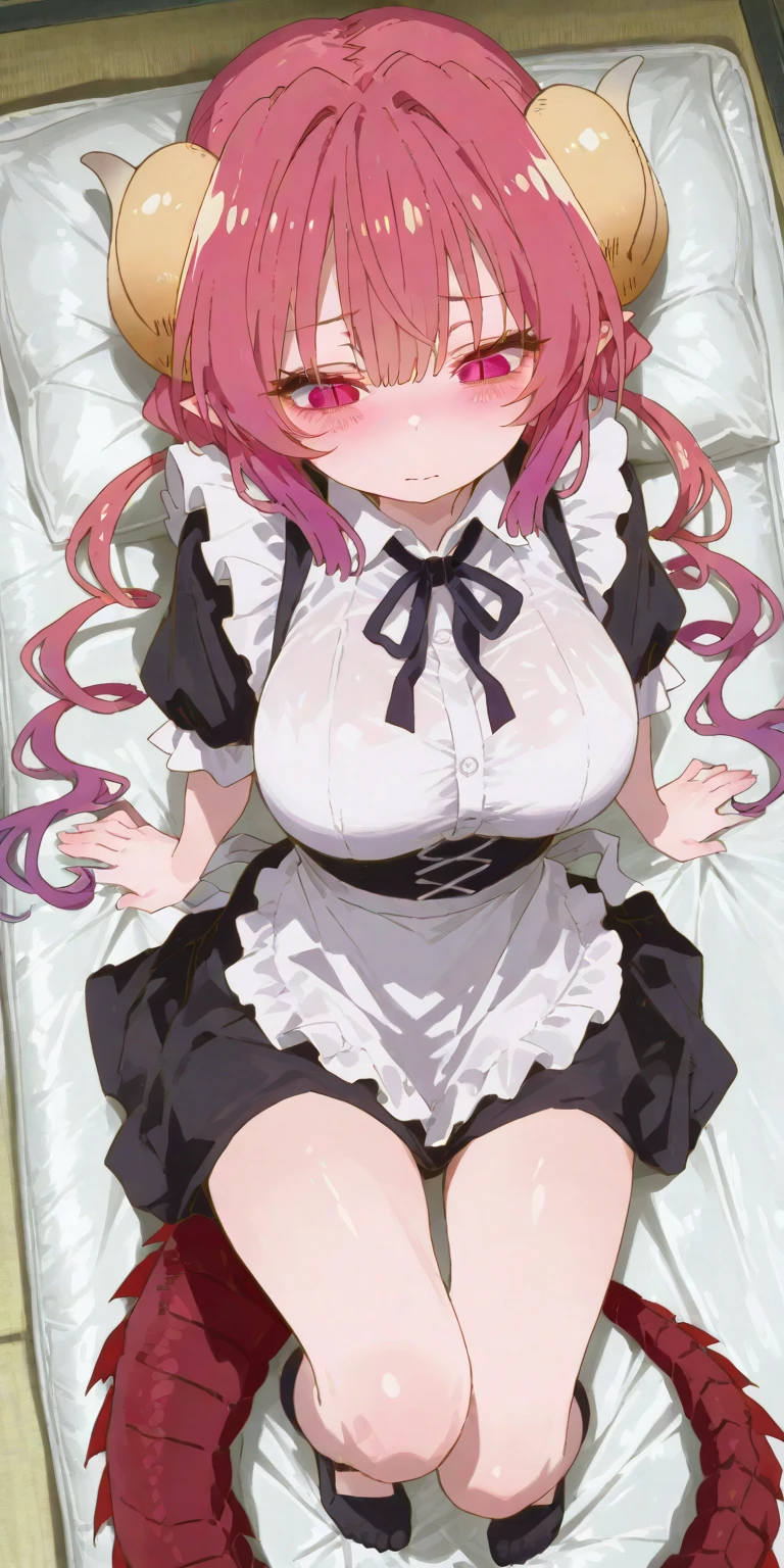 1girl in, solo, nakano nino, Pink hair, butterfly hair ornament, (barechested:1.3), (White Apron),, cleavage of the breast, thighs thighs thighs thighs, Cafe Background, (red blush:1.3),Open your mouth wide