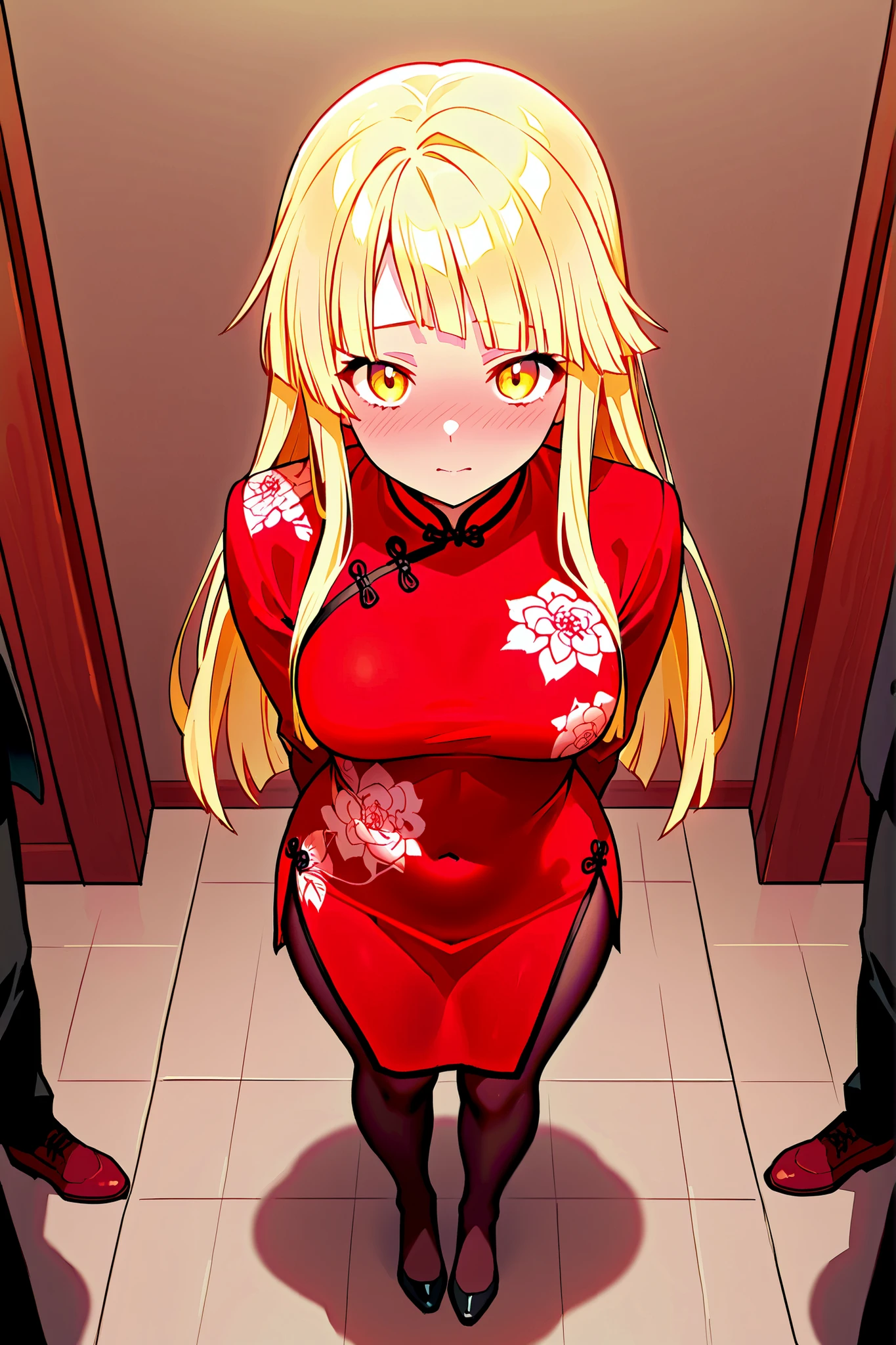 game cg,Portrait of People,(8k, best quality, masterpiece:1.2),\(Eye details\),\(Facial features details\),(\(Service Details\)\),(1 girl:1.3),full body image,tsurumaki kokoro,face blush,medium breasts,(black Chinese cheongsam costume:1.25),Clothing that accentuates the curves of the body,Black Stockings,(waist outcuting:1.2),(navel:1.1),Side seated ,simple background, perspective, anatomically correct, illustration, ultra-high definition,texture skin, background blur , Standing Shadow, reverse exchange, soft tones,