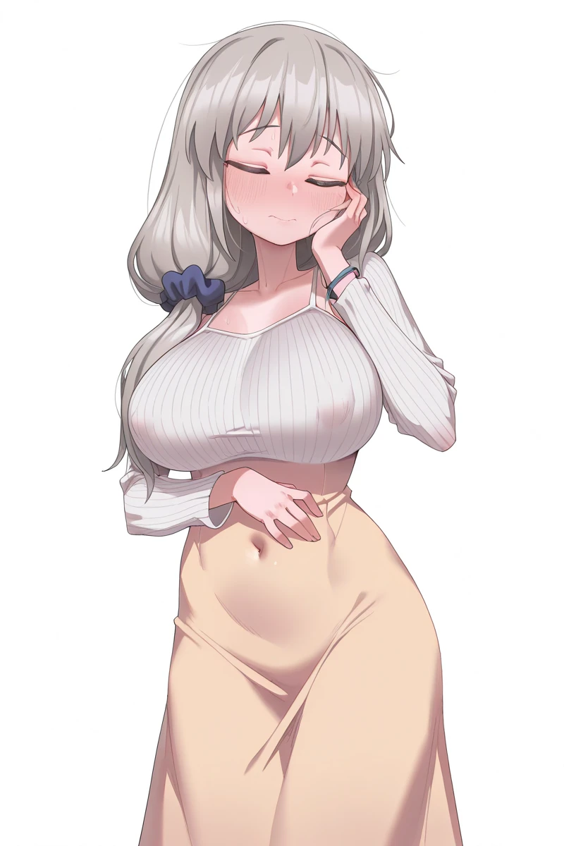 japanese modest girl,lazy unkempt hair,white t-shirt, gray jersey pants,large tareme,curvy,medium hair,at home,