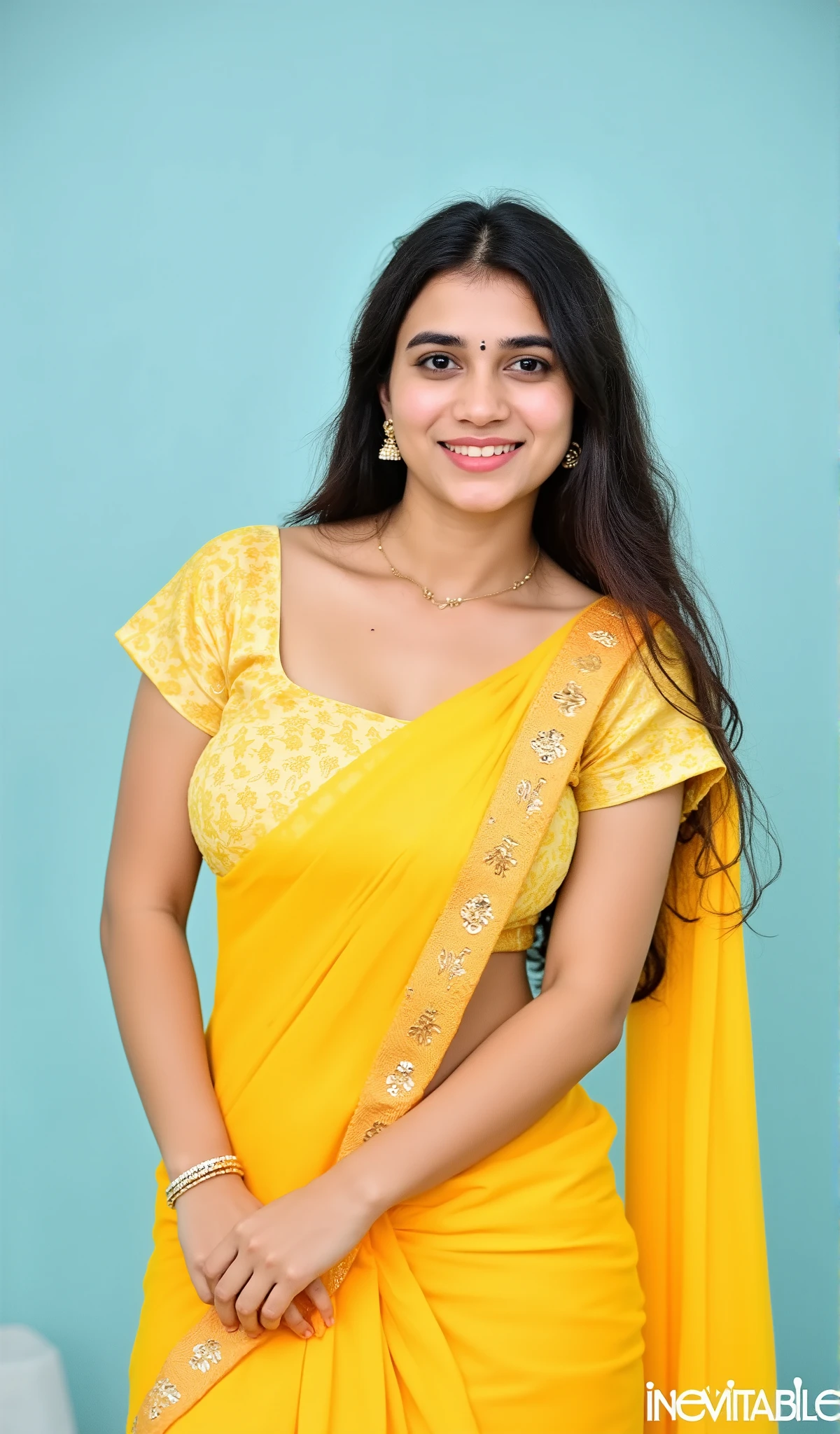 The image shows a person with long brunette wavy hair wearing traditional Indian attire. The outfit consists of a yellow blouse with intricate patterns and a matching yellow skirt. The blouse has a square neckline and short sleeves. The skirt is pleated and tied at the waist with a decorative ribbon. Her toned abs & navel are visble. The person is holding a yellow dupatta with golden embroidery and floral designs. The background light blue color, providing a neutral backdrop that highlights the vibrant colors of the attire. The person is smiling and appears to be posing for the camera. There is a watermark "INEVITABLE" at the bottom right. professional photoshoot, ultra detailed, highly realistic skin tone and texture, 8k, Hour glass body shape.