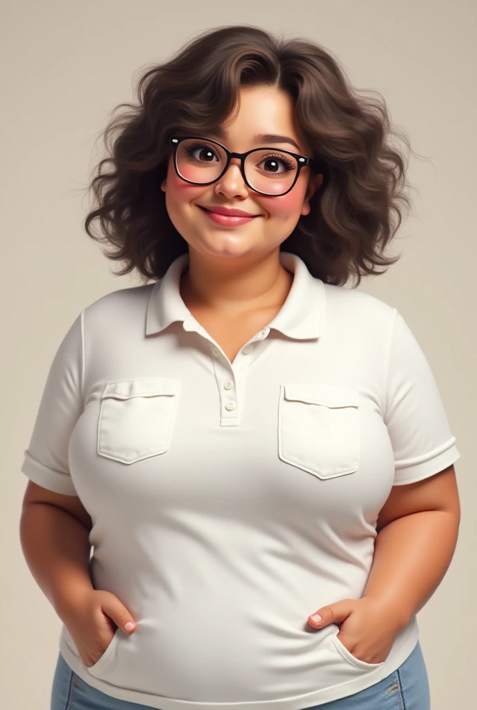 Mulher morena, short brown hair, fat woman, elegant woman, Wearing Golden Glasses, wearing camisa branca, Wearing Pink Pants, esta em uma loja de roupa, sozinha, Holding Color Wheel, estilo desenho Disney Pixar