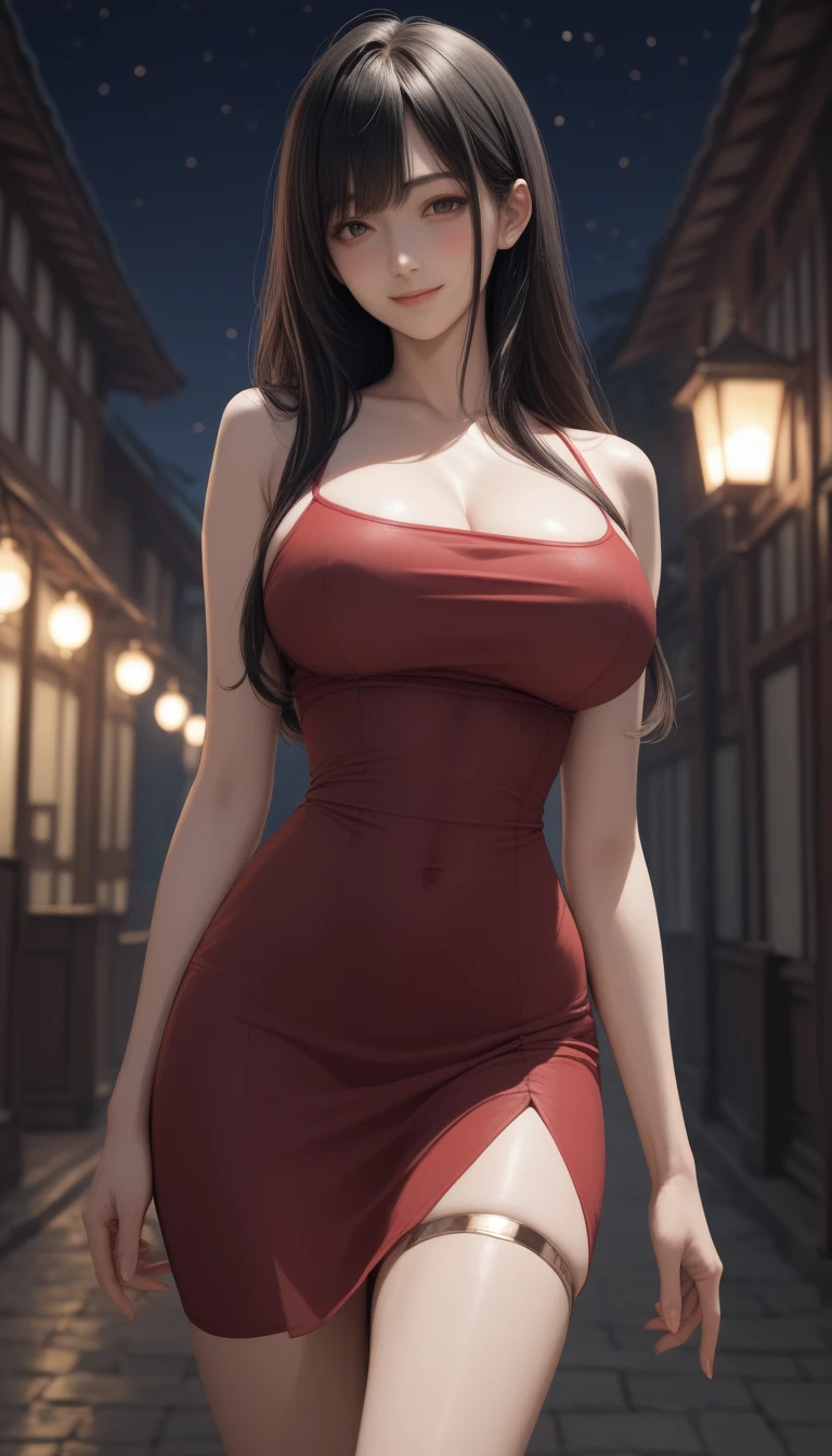 1 woman, age:45, wearing a skin tight long dress without and sleeves. The dress has a pretty deep neck cut. The dress has 1 slit on both side till her waist, breast size is enormous, huge buttocks, very wide waist