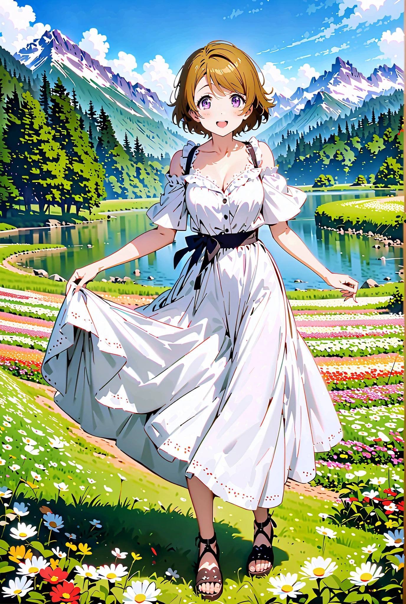Hanayo Koizumi, short hair, brown hair, purple eyes,Medium breast, White Off Shoulder Dress, white long skirt,Heeled Sandals,standing,smile,cover,opens her mouth,noon,Flower Field,Mountain,river,nature,full bodyがillustrationsに入るように,break outdoors,nature,,
break looking at viewer,full body,
break (masterpiece:1.2), of the best quality, high resolution, Unity 8k 壁紙, (illustrations:0.8), (beautiful detailed eyes:1.6), Highly Detailed Face, so that it fits into the illustration, Extremely Detailed CG, (perfect hand, Perfect Anatomy),