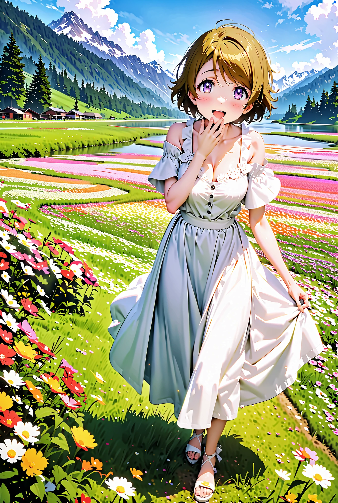 Hanayo Koizumi, short hair, brown hair, purple eyes,Medium breast, White Off Shoulder Dress, white long skirt,Heeled Sandals,standing,smile,cover,opens her mouth,noon,Flower Field,Mountain,river,nature,full bodyがillustrationsに入るように,break outdoors,nature,,
break looking at viewer,full body,
break (masterpiece:1.2), of the best quality, high resolution, Unity 8k 壁紙, (illustrations:0.8), (beautiful detailed eyes:1.6), Highly Detailed Face, so that it fits into the illustration, Extremely Detailed CG, (perfect hand, Perfect Anatomy),