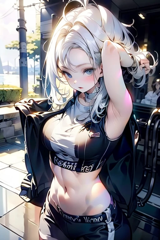 （lifelike， high - resolution：1.3）， 1 girl with a perfect body，slender body, Super fine face and eyes，assasin, dark makeup, shiny skin，white hair,  Tank top of random colors：1.2， short jeans，Expose cleavage