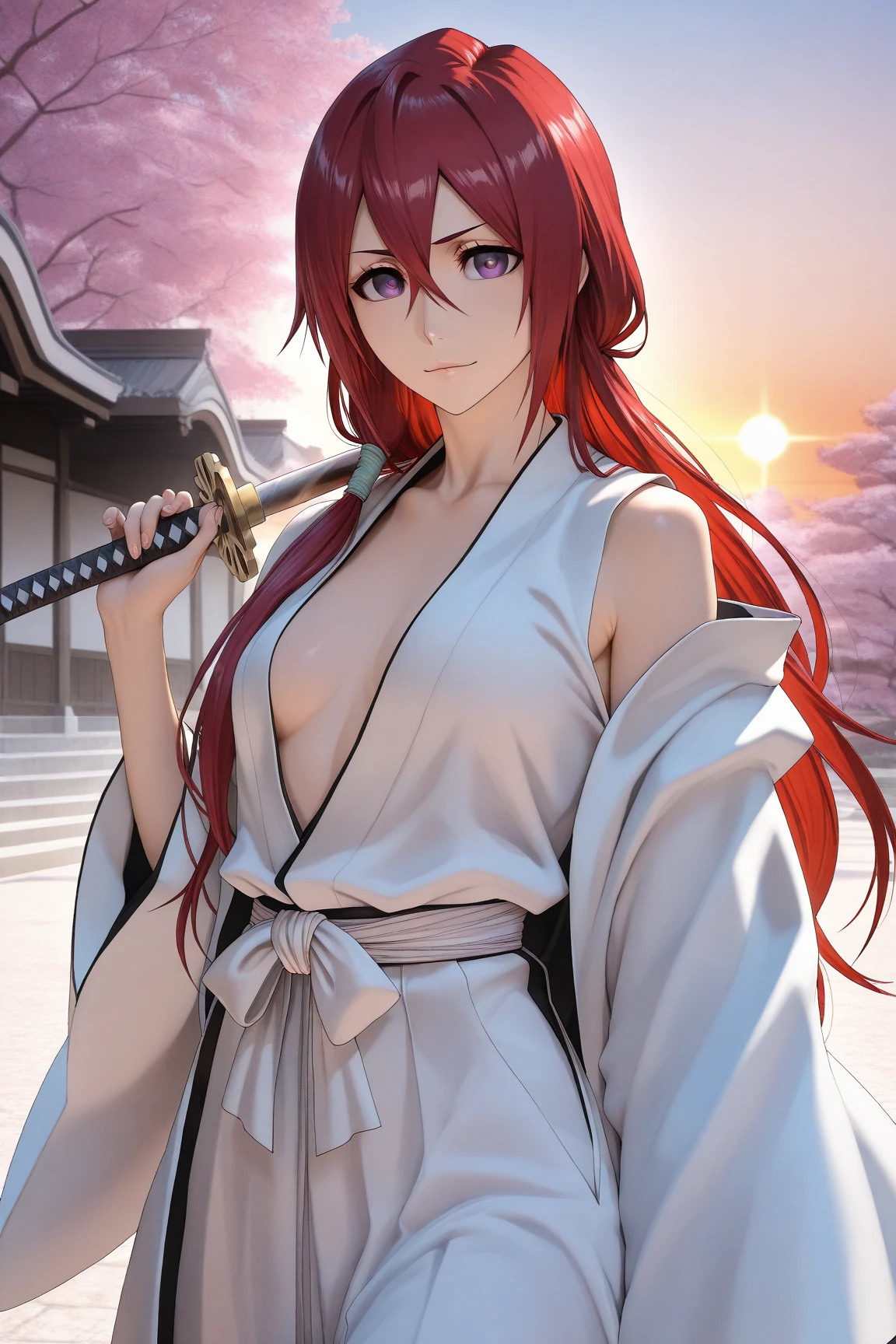 score_9, score_8_up, score_7_up, score_6_up, makise kurisu, red hair, long hair, dark-blue eyes, black pupils, BREAK Photorealistic, Hyperrealistic, Hyperdetailed, analog style, soft lighting, subsurface scattering, realistic, heavy shadow, masterpiece, best quality, ultra realistic, 8k, golden ratio, Intricate, High Detail, film photography, soft focus BREAK, 1girl, breasts, japanese clothes, large breasts, solo, weapon, sword, kimono, magatama, katana, sash, jewelry, thighhighs, cleavage, smile, obi, thighs, earrings, rope belt, ponytail, magatama necklace, wide sleeves, looking at viewer, white kimono, open mouth, necklace, detached sleeves, grey kimono, cherry blossoms, black thighhighs, holding weapon, holding, holding sword, long sleeves, bare shoulders, dragon print, weapon over shoulder, dynamic pose