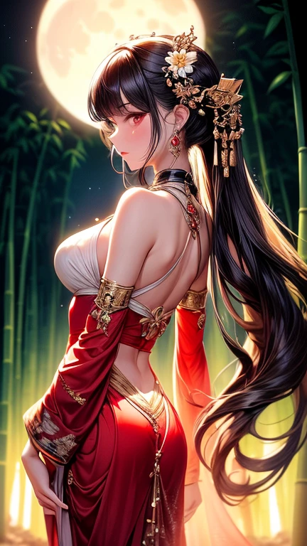 (highest quality:1.2, Very detailed, Latest, Vibrant, Ultra-high resolution, High Contrast, masterpiece:1.2, highest quality, Best aesthetics), (((1 girl))), 4k, From the back, big dragon tattoo on back, Tattoo on back,, Beautiful back, Pull up your hair, Nape, Detailed tattoo representation, Colorful tattoo dragon, Fine image, wearing kimono, The kimono is fluttering, kimono only covering legs, bare chest, bare back, Beautiful Skin, (Detailed Eye Expression:1.2), Beautiful woman looking back, Standing, Cowboy Shot, Black Hair, Long Hair, Dutch Angle, Full Body Shot. Chinese temple, simple background