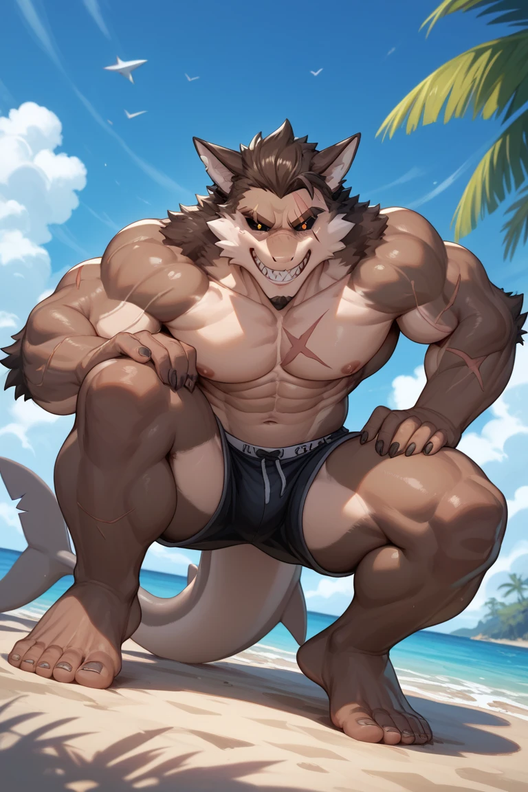 ((cel-shading, portrait, rear view, bright beach background, light color palette, global lighting)), 1boy, abs, bara, bare shoulders, suspended in midair, (black hair, body hairy, copious luxuriant bushy far-reaching black chest hair, bushy black fur all over chest, hairier chest than possible), clothing cutout, cuffs, dark skinned male, thick facial hair, handcuffs, jewelry, large pectorals, long bushy black sideburns, long bushy black sideburns, male focus, mature male, medium hair, slim, muscular, muscular male, navel, pectorals, short hair, sideburns, solo, stomach, stubble, thick thighs, butt, (((naked, sliding on tentacle like a banister, tentacle rubbing his perineum))), thighs, tight, watch, ((wolf, wolf tail, huge hairy groin, pubes, pubic hair, happy-trail, treasure-trail, copious luxuriant bushy far-reaching black nether-hair, very hairy snatch, landing strip, covered in pubic-hair, pubic hairy perineum, bushy tush)), expression of ecstasy, passionate gaze, wincing with pleasure