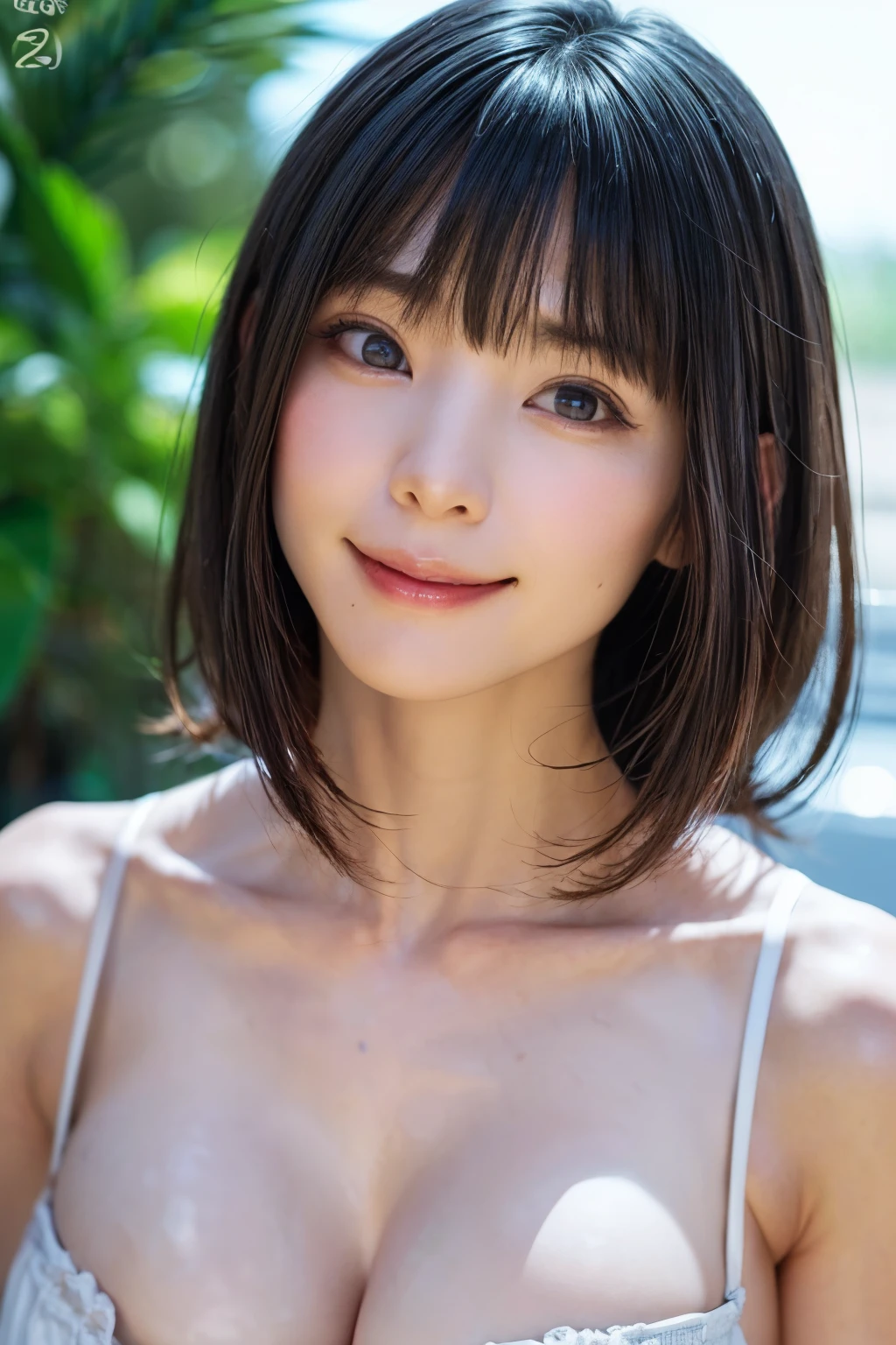 1 girl、highest quality、realistic、alone、Depth of written boundary、natural soft light、daytime、charm、beautiful face、cleanliness、pure face、white skin、cute、short hair、bangs、beach、Light of the sun、Nedium Breast Body Esbian、((セーター黄金比のbeautiful face 対称性のあるbeautiful face))、long neck、show me your ears、bangsのあるきれいな短いボブヘア、smile with your mouth closed、perfect hands指、perfect hands、perfect body、perfect face、Shine a light into your eyes、perfect anatomy:1.4、とてもcuteスーパーモデル:1.4、({Huge|big|Hugeな|mega} chest, cleavage、smile:1.6、Very beautiful teeth:1.6)