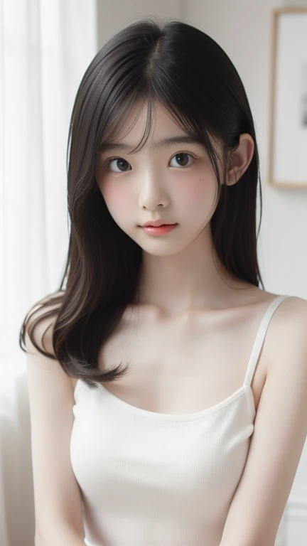 best quality, High resolution, Pretty Face,　Ponytail,　Loose chest strapless T-shirt,　Beautiful small breasts , Smooth belly, (Lean forward:1.2), 8k, Digital SLR Camera