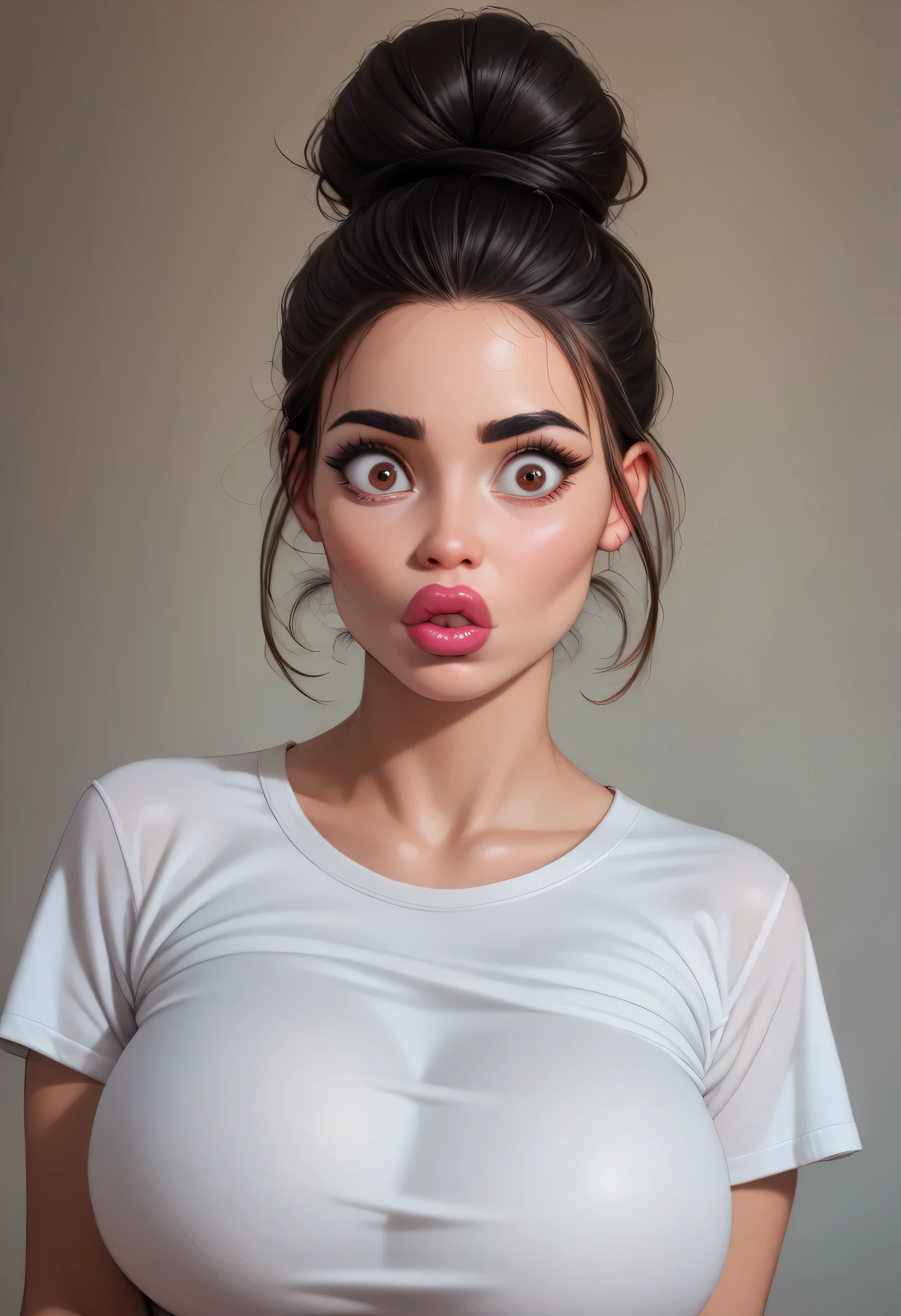 realistic, black bun hair kont top, black eyebrows, thin eyebrows, brown eyes, big eyes, red thick lips, (surprised), (big lips), perfect face, (large breasts:1.3), white t-shirt