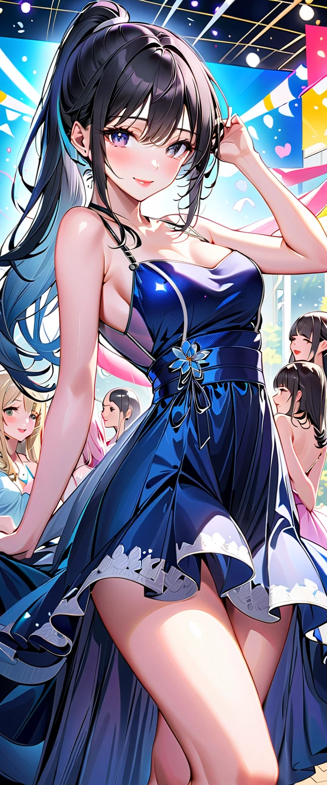 Girls in blue dresses pose for a photo, Happy birthday, happy birthday, happy birthday, happy birthday!!!