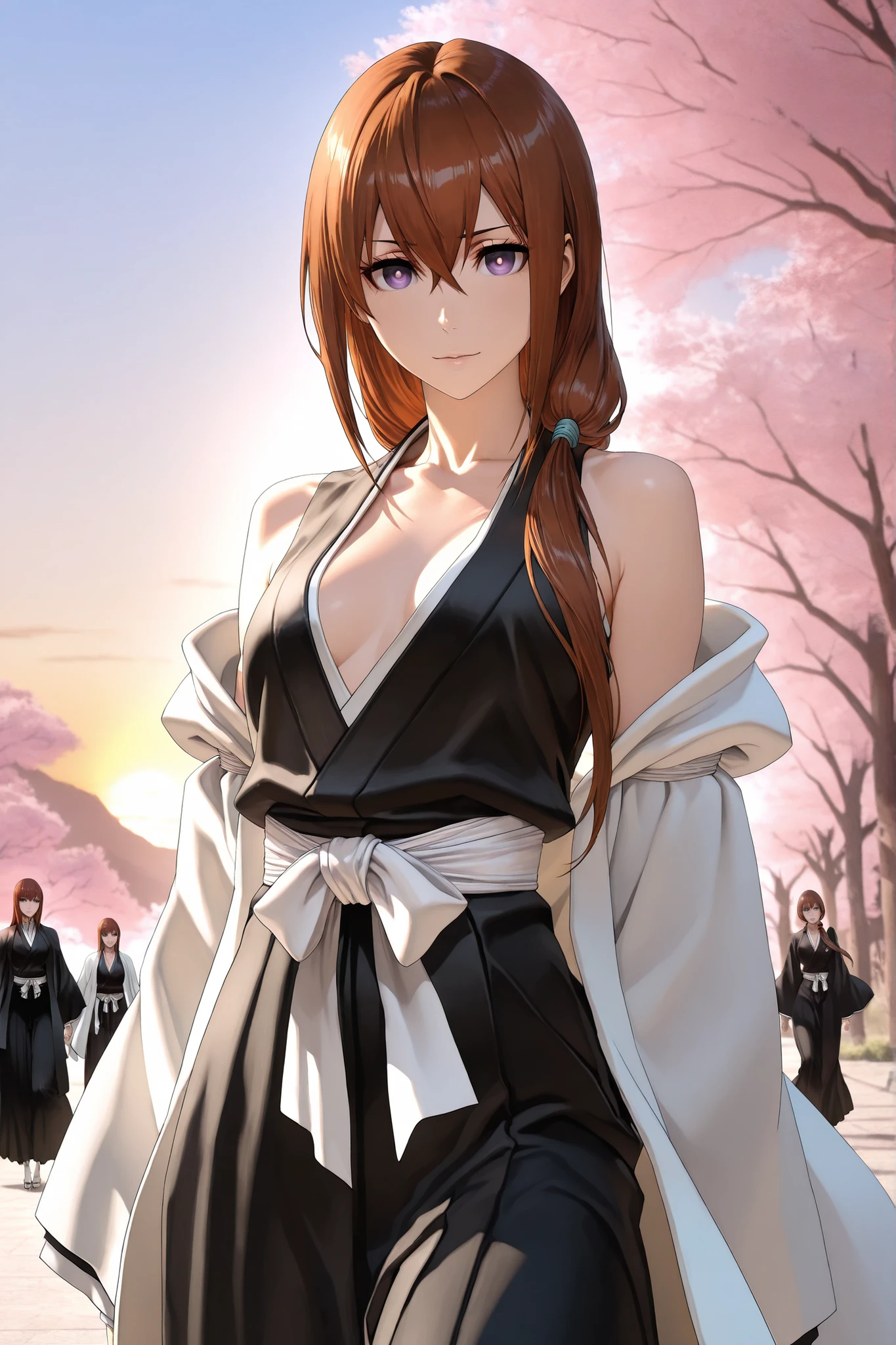 masterpiece, beautiful, detailed, 4k, HD, perfect lighting, best quality, score_9, score_8_up, score_7_up, score_6_up, 3d art, detailed face, very detailed, semi realistic, intricate, hyper detailed, volumetric shadows, cowboy shot,
,mature woman, makise kurisu, hair between eyes, hair over shoulder, long hair, purple eyes, chestnut brown hair, straight hair, mature female, bare shoulders, small breasts, black kimono, haori, bleach haori, white haori, bleach taichou, taichou,
,confident pose, looking at viewer, confident look,
, cherry blossom, outdoors, golden hour, sunset
,