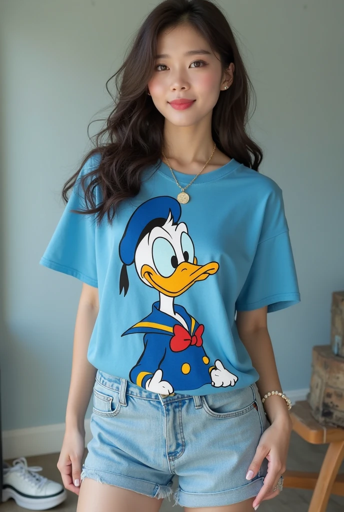 Disney Pixar Poster, a 3 year old with half blonde half black hair, with brown eyes and red cheeks, her skin is a light beige and she is wearing a blue dress with a duck drawn on it.. She's wearing white ankle-high socks. She is in a pink room playing with teddy bears