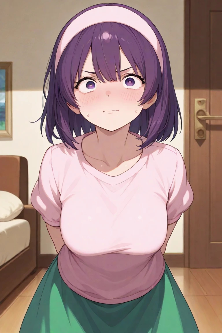 One girl、Standing on a wooden stage、Taking off a white shirt、Light blue bra、Wearing a dark blue skirt、Dark pink hair、Feeling embarrassed、blue eyes、looking at the camera、Bob Hair