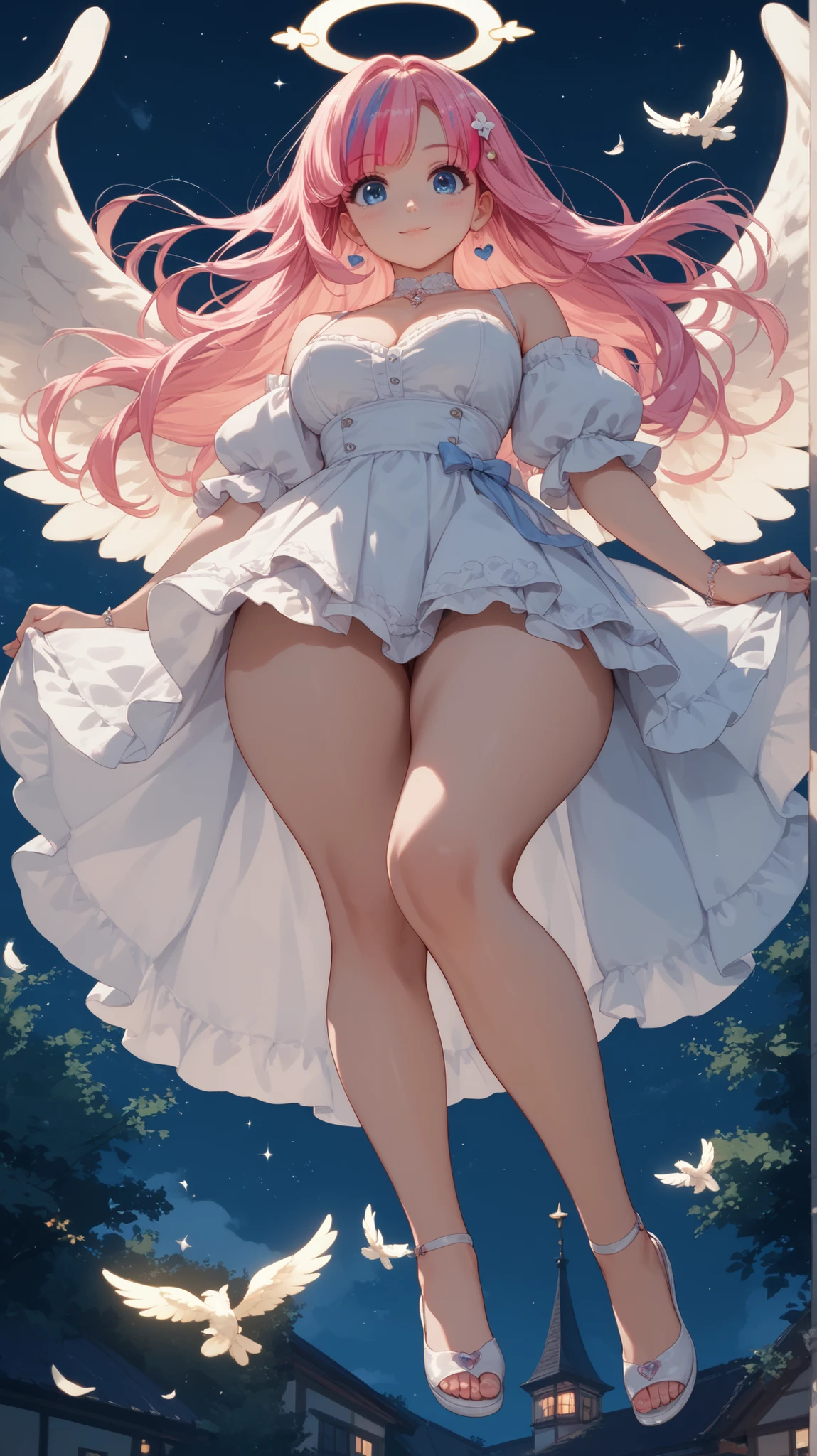 NSFW , ultra detailed, hyper detailed, best quality, highres, 4K, field of flowers, woman, from below, looking at viewer, puzzled, happy,  , shy, very long hair, wave hair, gradient hair, tall, slender,flat chest, lolita, (up skirt) ,no panties , gloves, dappled sunlight, 