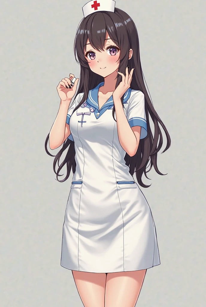 high resolution,smile,woman,woman1人,adult,cute, Black Hair,BREAK, Purple eyes,BREAK,
Nurse uniform,BREAK,Facing forward,BREAK,Pink background,