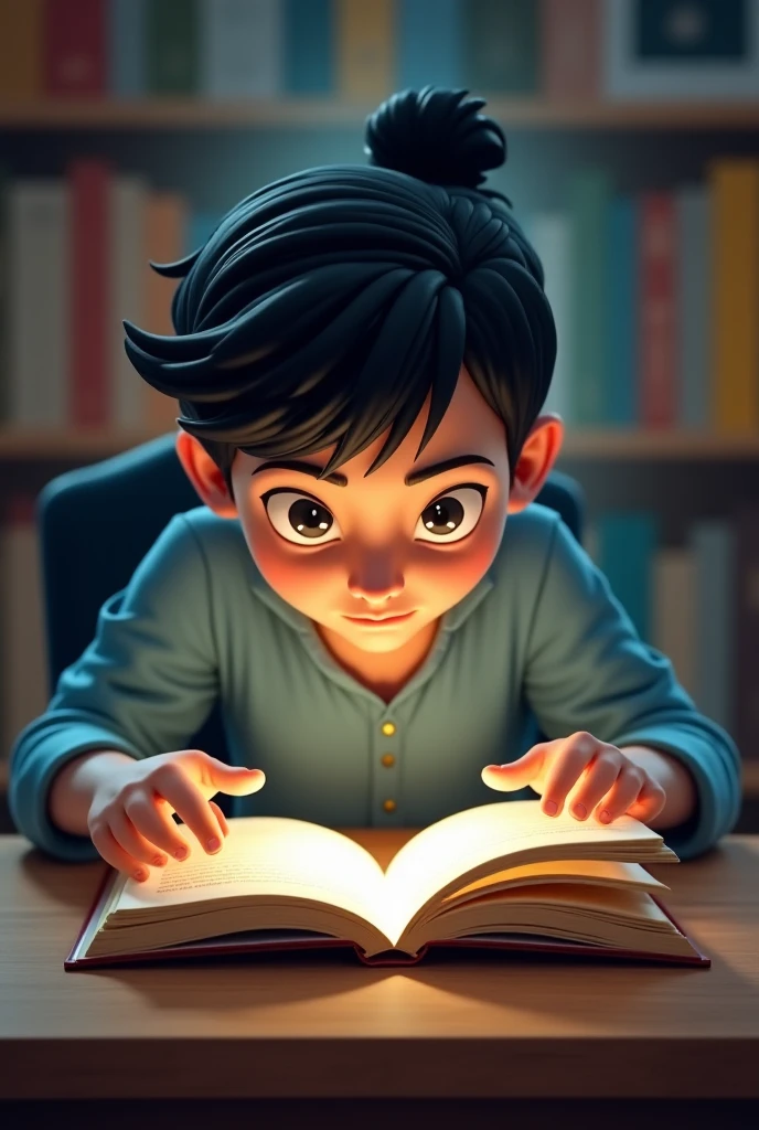 a student sitting at a table reading a book in front of a laptop computer and bookshelves in the background, Art & Language, academic art, manga, a stock photo Indian environment 