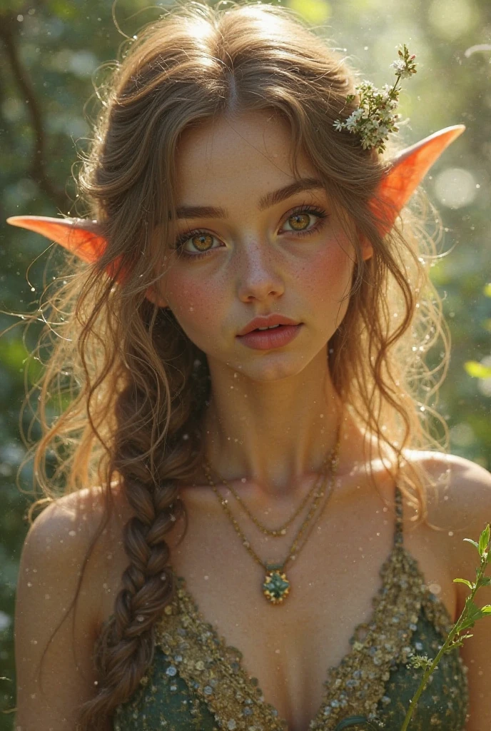 detailed face, detailed skin, detailed environment, intricate details, photorealistic, realistic, UHD, 8K, a girl with long hair and flowers in her hair, elf girl wearing an flower suit, elf girl, portrait of very beautiful elf