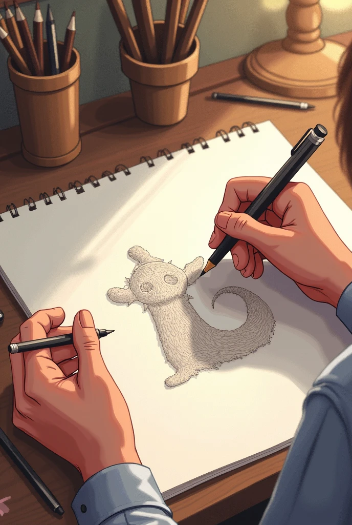 Simple drawing of a squirrel on the sheet of craft paper made in pencil, black and white