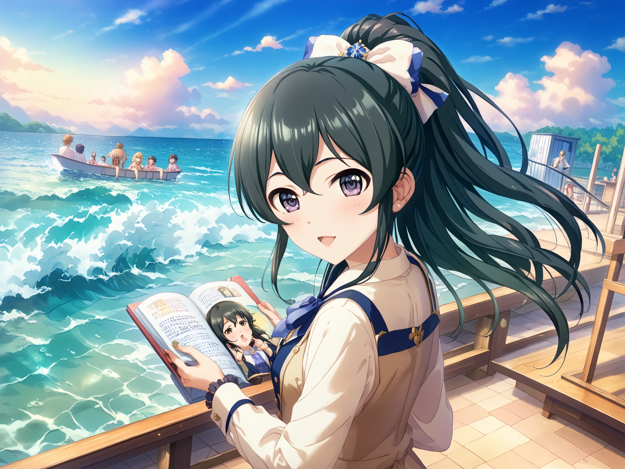((((masterpiece)))), high quality, very_high_resolution, large_filesize, full color,Japanese、black hair、long hair、Wave Air、ponytail、white giant ribbon、1人の、メイド、座っている、フリルソックス、下から、足裏、恥ずかしい、自転車ショーツ、ふくれっ面の唇、つま先のないレッグウェア、クロスレースのレッグウェア、傑作、最高品質、無修正