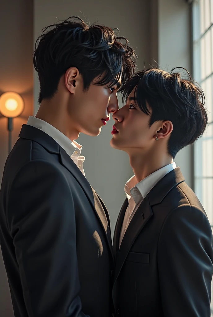 2male、​masterpiece、top-quality、超A high resolution、evening、A city scape、depth of fields、short black messy hair、Two men kissing 