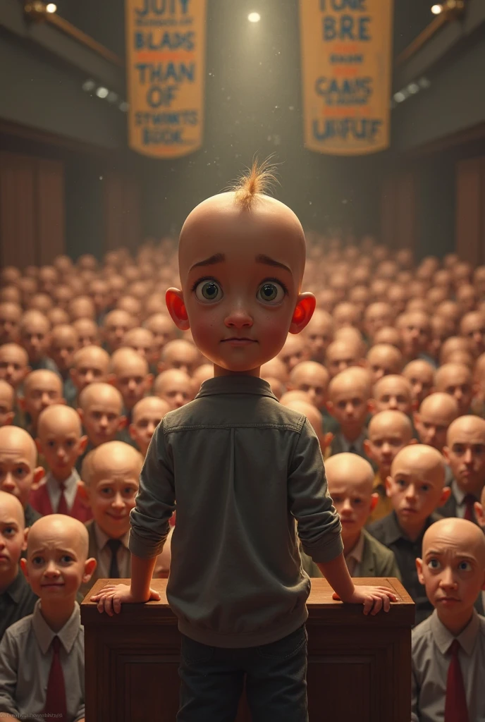 A mini-congress of tender children debating something that proves their innocence and premature babies in suits and ties in a congress with seats.