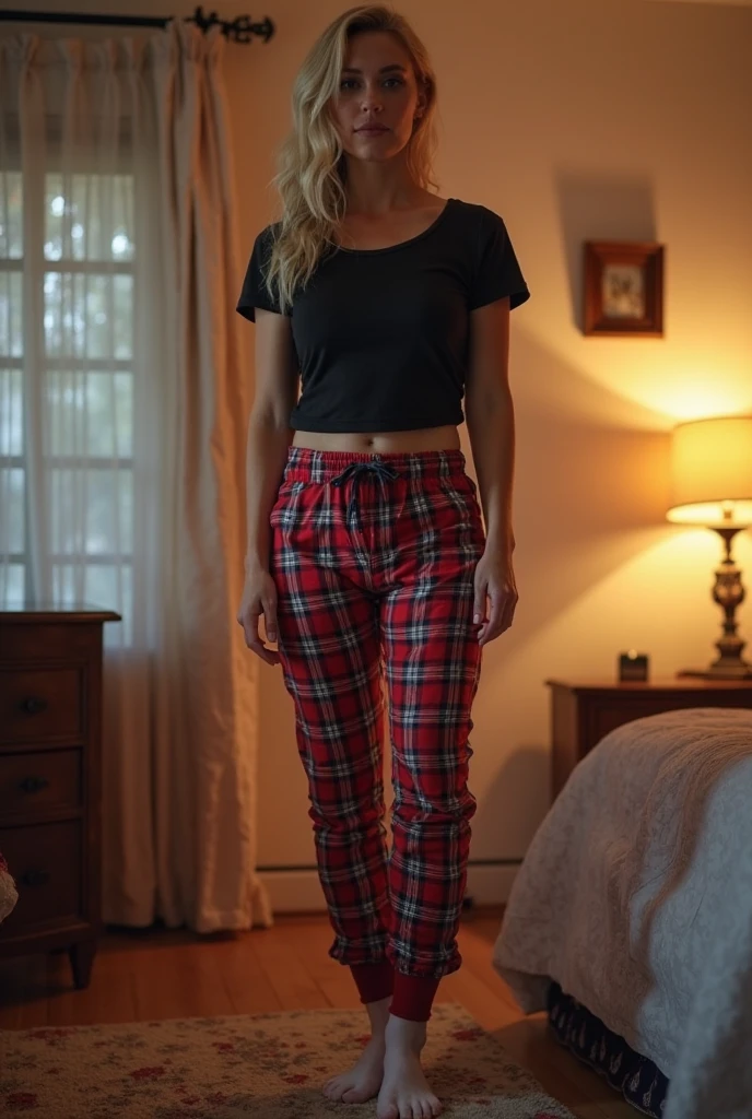 Foto hiperrealista en primer plano de Emily Sears, masterpiece, best quality, (photorealistic:1.4), full body, (red flannel pajama pants:1.2) (white T-shirt:1.2) bare foot, room in wooden cabin, darkness night, night, during the night, neons, cinematic light, beautiful woman, skinny, large big breasts, straight blond hair, detailed face, smile, facing the camera, photo taken from a distance, age of 20 years old, the night light only casts light on the face, darkness night in the window