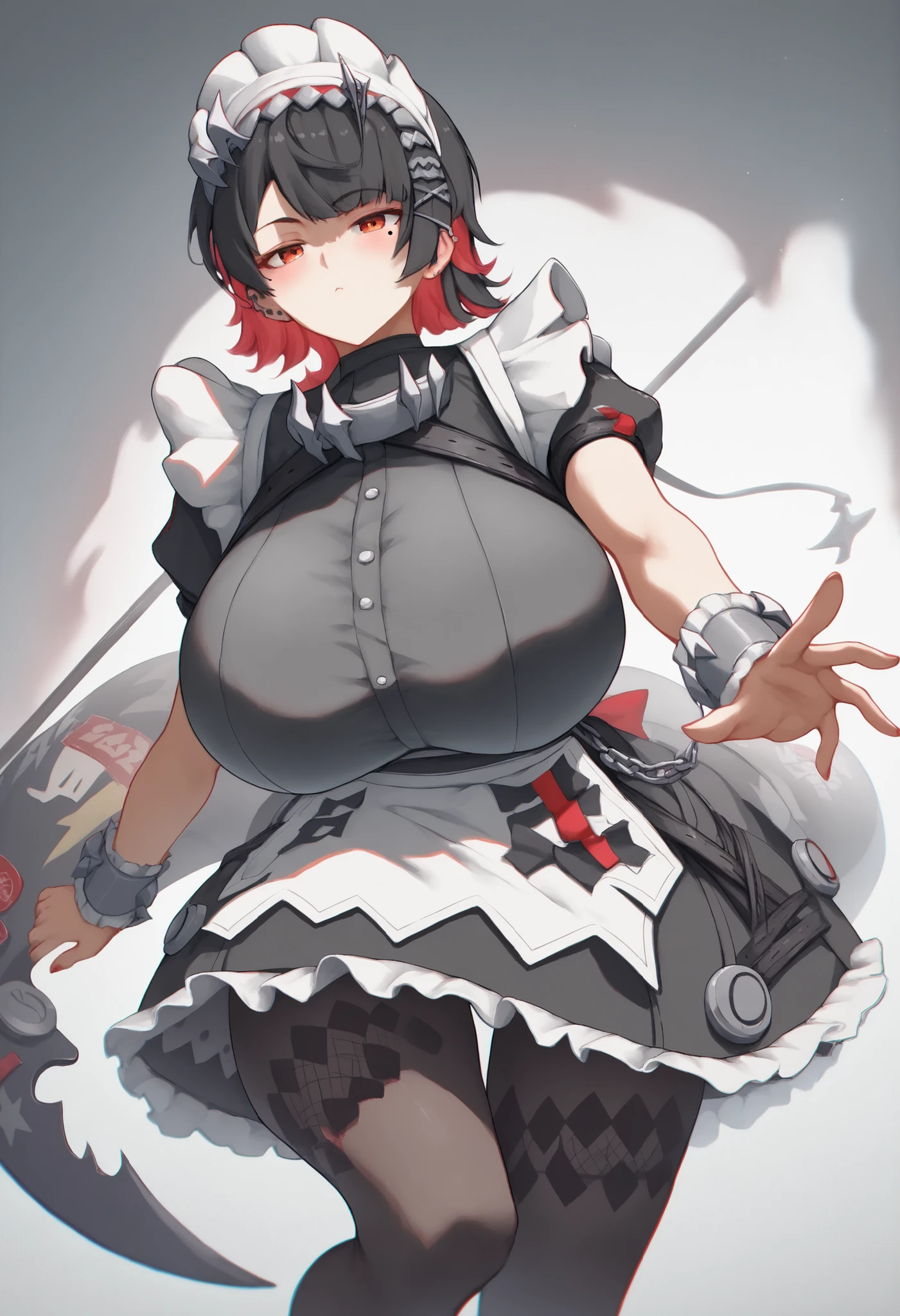 masterpiece:score_9, score_8_up, score_7_up, score_9, BREAK, 1girl,big breasts, solo, looking at viewer, blush, 1girl,ellen_joe,maid_headdress,black_dress,wrist_cuffs,puffy_short_sleeves,mole_under_eye,frilled_dress,black_pantyhose,medium_breasts, breast focus, tall, tall girl, huge breasts, breasts bigger than head, hyper breasts, gigantic breasts, large breasts, thick thighs, wide hips, voluptuous, hourglass figure, sexy pose !!!!, sexy pose !!!!, sexy!!, Dynamic pose!!, posing!!, seductive pose !!!!