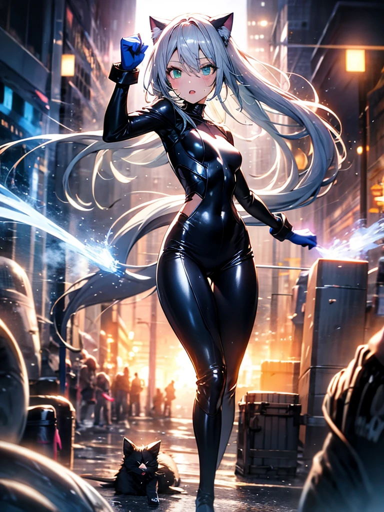 dark theme, underground club, light rays, band on stage, multicolored lighting, bustling, busy, fog, masterpiece, best quality, detailed, 1girl, leather miniskirt, leather bra, mesh bodystocking, looking at viewer, (glowing red eyes:0.7), white hair, medium close-up, centered,
