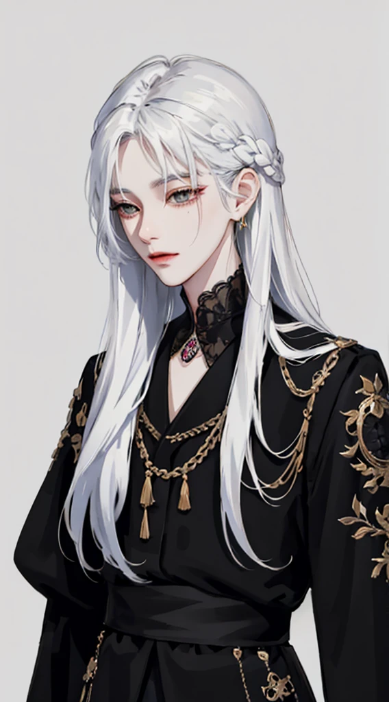 점수_9, 점수_8_위로, 점수_7_위로, Solo, Watercolor, 1 female, long hair, white hair, gold Eyes, wear black suit, skin, Simple Accessories, simple background, master piece, handsome, best quality, impasto, perfect face, adult female, full-body portraits, delicate hand, simple black tattoo, overwhelming, Sharp Eyes, tyrant, proud, royal blood