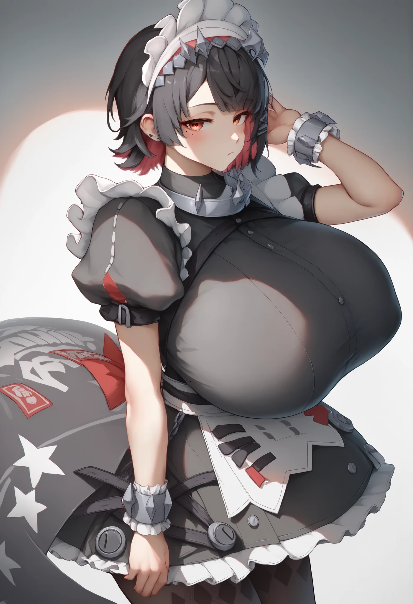 masterpiece:score_9, score_8_up, score_7_up, score_9, BREAK, 1girl,big breasts, solo, looking at viewer, blush, 1girl,ellen_joe,maid_headdress,black_dress,wrist_cuffs,puffy_short_sleeves,mole_under_eye,frilled_dress,black_pantyhose,medium_breasts, breast focus, tall, tall girl, huge breasts, breasts bigger than head, hyper breasts, gigantic breasts, large breasts, thick thighs, wide hips, voluptuous, hourglass figure, sexy pose !!!!, sexy pose !!!!, sexy!!, Dynamic pose!!, posing!!, seductive pose !!!!