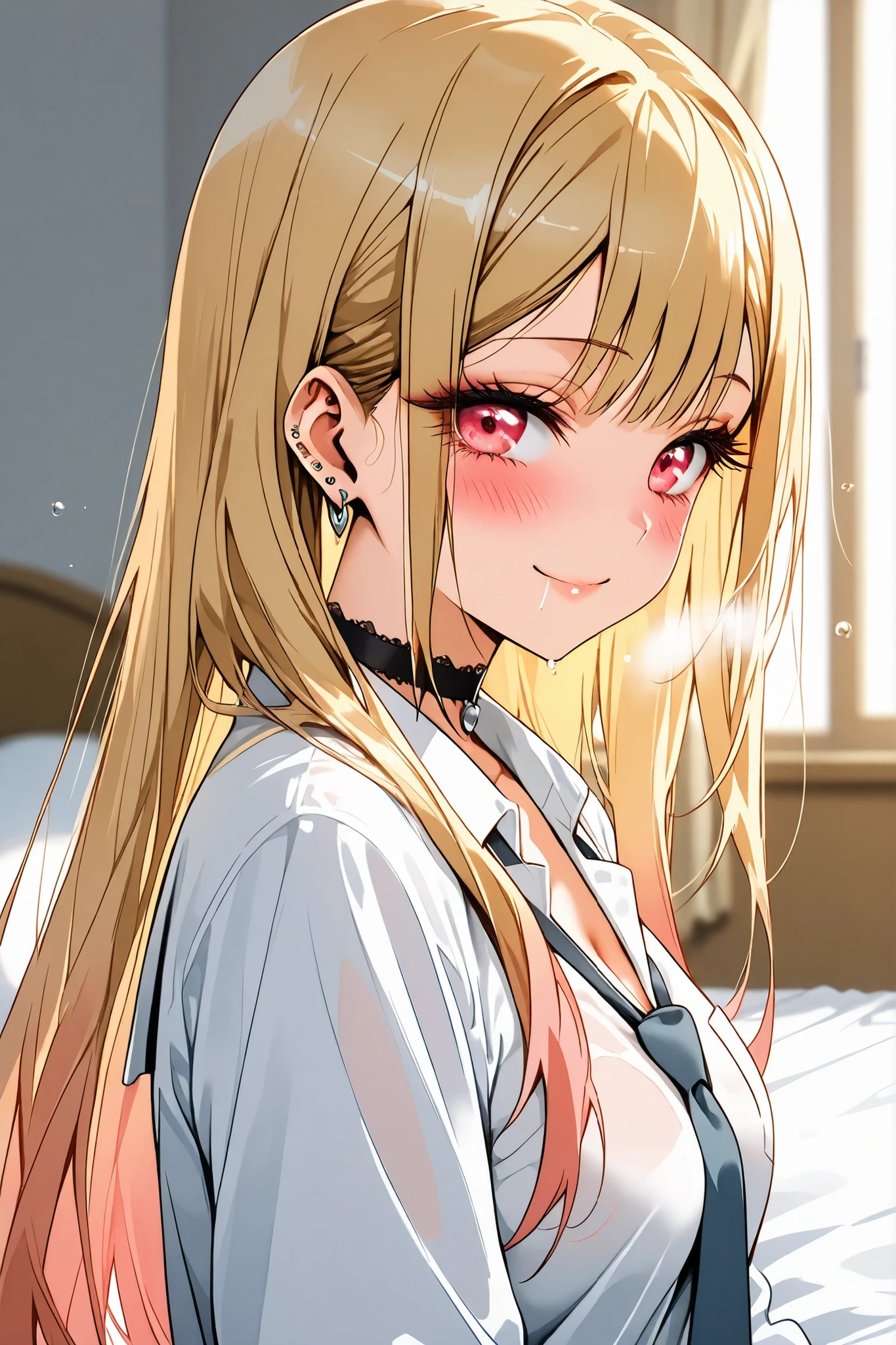 marin_kitagawa,
front,from side,from behind, (upper body:1.2),
1 girl,solo,pretty,18years old,look at viewer,
ly on the bed,sleep together,
blonde,long hair,side part bang,
cut bangs,colored inner hair,
red eyes,beautiful eyes,
big eyes,slant eyes,sleepy eyes,
long eyelashes,
white shirts (1.3),school uniform,
long sleeve,sleeve roll,open chest,
navy blue neck tie,black choker,
extreme close-up under the chest,
smile,pleasure,blushing,drooling,
tearful eyes,tear drop,sweaty,ecstasy,wet,
white breath,incontinence,cameltoe,
motion line for orgasm,
medium breasts,
perfect face,beautiful skin,anatomically correct,
best quality,super detailed,
Highest quality,masterpiece,high quality,
blurred background,
indoor,bedroom,on bed