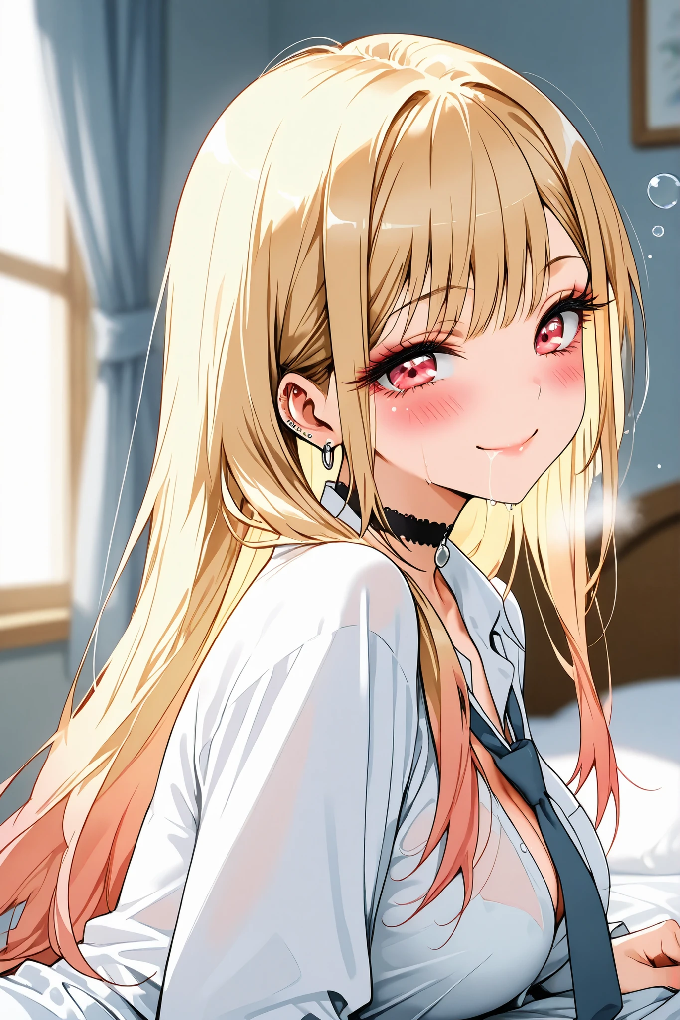 marin_kitagawa,
front,from side,from behind, (upper body:1.2),
1 girl,solo,pretty,18years old,look at viewer,
ly on the bed,sleep together,
blonde,long hair,side part bang,
cut bangs,colored inner hair,
red eyes,beautiful eyes,
big eyes,slant eyes,sleepy eyes,
long eyelashes,
white shirts (1.3),school uniform,
long sleeve,sleeve roll,open chest,
navy blue neck tie,black choker,
extreme close-up under the chest,
smile,pleasure,blushing,drooling,
tearful eyes,tear drop,sweaty,ecstasy,wet,
white breath,incontinence,cameltoe,
motion line for orgasm,
medium breasts,
perfect face,beautiful skin,anatomically correct,
best quality,super detailed,
Highest quality,masterpiece,high quality,
blurred background,
indoor,bedroom,on bed