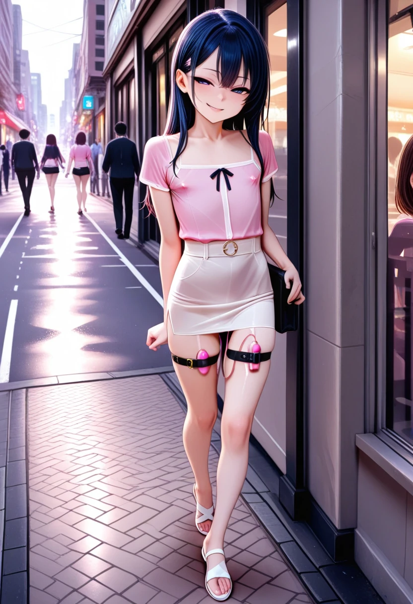Maximum quality、Membros completos、dedos completos、uma linda mulher、Linda mulher peituda、Mulheres com cabelos lisoulher de cabelos castanhos、Top de malha laranja com gola alta e sem mangas、White shorts、black pantyhose、Um grande sorriso、Street trees、shibuya