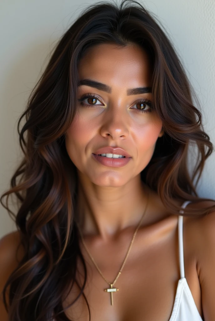 Prompt: Stunning Lebanese woman in her 30s stands vertically, breasts (C-cup) prominent against modern background, Trendsetter wolf-cut brown hair slightly disheveled. Piercing black eyes, framed by soft full lips and subtle smile, command attention. Radiant complexion and messy locks exude effortless elegance. Sharp focus and meticulous detail in hyper-realistic style showcase her unapologetic beauty.