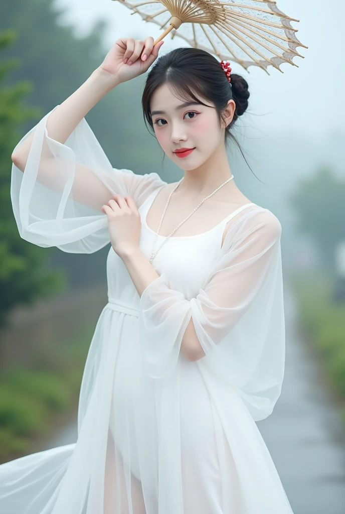 ((best quality, 8K, masterpiece: 1.3)),upper body,Black Hair, black eye,sharp focus: 1.2, beautiful woman with a perfect body: 1.4, ((Medium Hair, large: 1.2)), (small and beautiful hard (White long sleeve blouse with lace、Silk Tight darkmagenta long skirt), (wet from rain: 1.2), (rain, street: 1.2), wet body: 1.1, Highly detailed face and skin texture, detailed eyes, double eyelids, White skin,,E cup,smile,Financial district of the big city,Skyscraper,White skin,Wet Hair、Wet Skin、Wet clothes、smile、