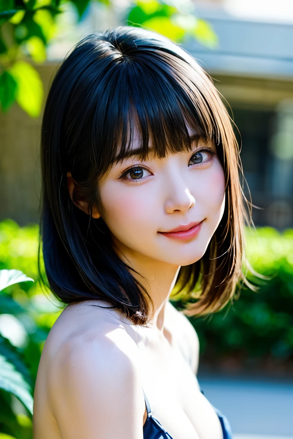 masterpiece, Best Quality, Raw photo, 8K, ultra-detailed face, 1girl, Beautiful detailed skin, backlight, soft light, bashful, (shoot from front:1.2), smile, Luminescent, Anatomically correct, Medium hair swaying in the wind, bangs, Eyes and faces with detailed, Textured skin, Professional Photography, Bokeh, Portrait, Professional Lighting, Solo, Cute, Girly, Film grain, silk dress shirt, Summer Green Hills,
