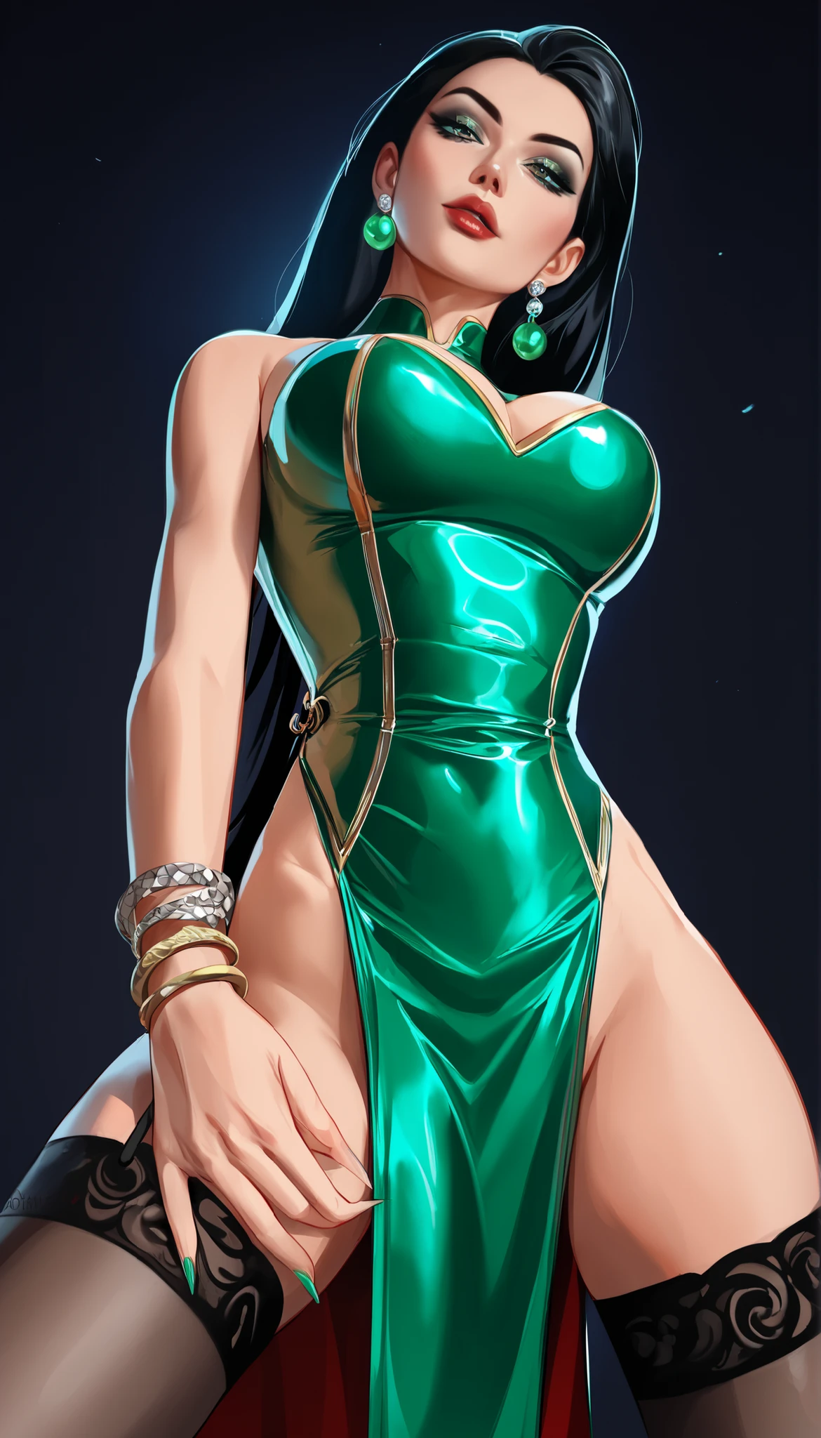 Metallic liquid bright green latex long chinese dress suit with open chest,   Thick lips、depression、20 years old、woman、 black hair 、 red cheeks 、 dark lips、 long straight white hair、 dark background、chocker,   gold bracelet,      elegant,   sexy,   striking,   charismatic,   seductive look,   alluring look,    determined look,    strong eyeliner,   mesmerizing eyes,   graceful,   perfect make up   ,natural beauty,   magnetic, charismatic,   versatile,   photogenic,   backlit,   round earrings,   view from below,   UHD,   High Quality,   looking at below,   stockings,   