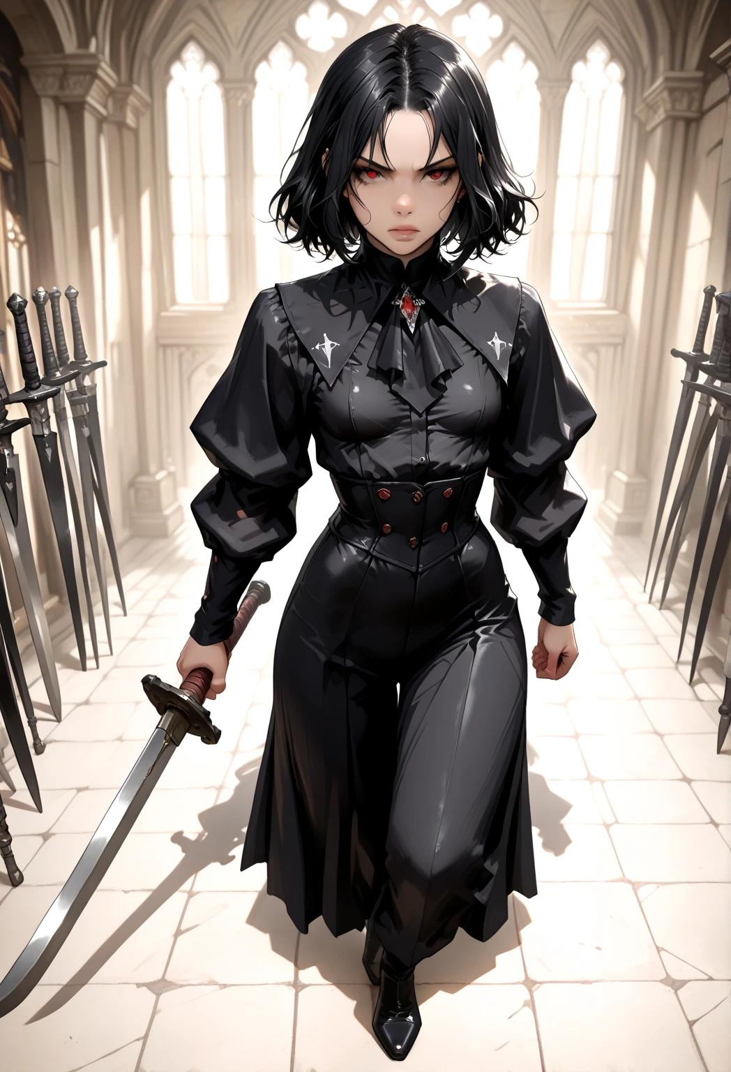 masterpiece, best quality, highres, petite, (((manga style, monochrome))), roto (dq3), <lora:DQ3ROTO:0.8>, short hair, brown hair, blue eyes, circlet, strapless, blue dress, purple cape, thighhighs, gloves, boots, belt, scabbard, knee boots, hands on sword